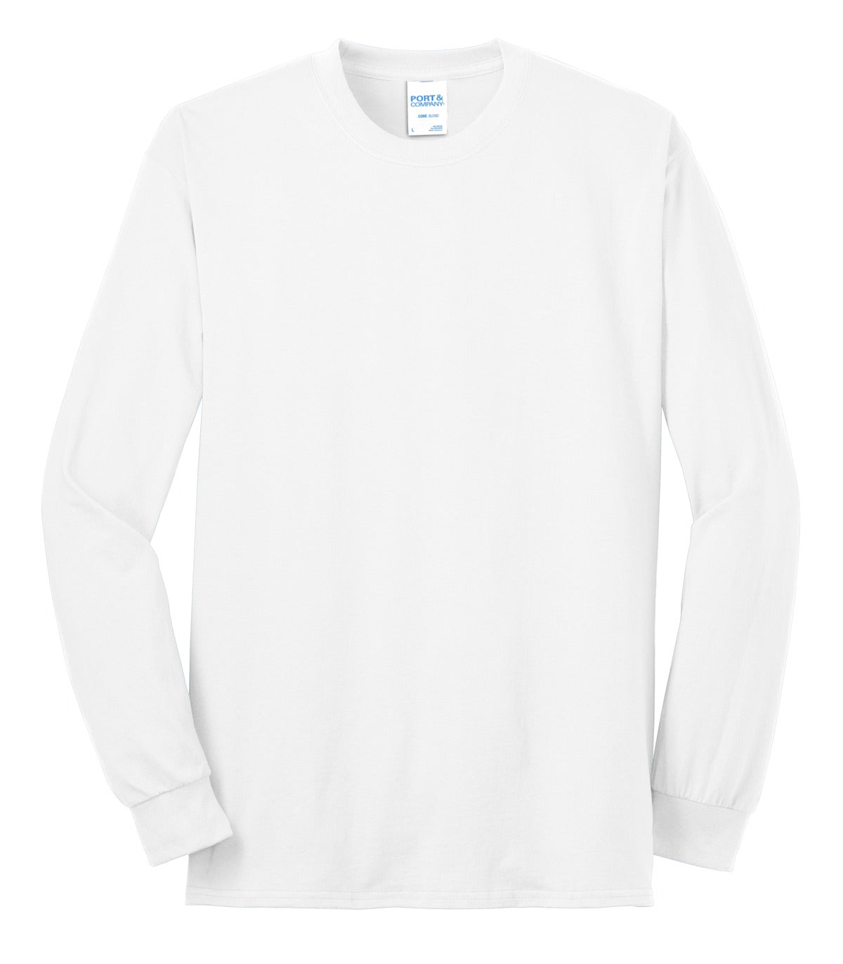 Front View of White Port & Co Long Sleeve Core Blend Tee. PC55LS