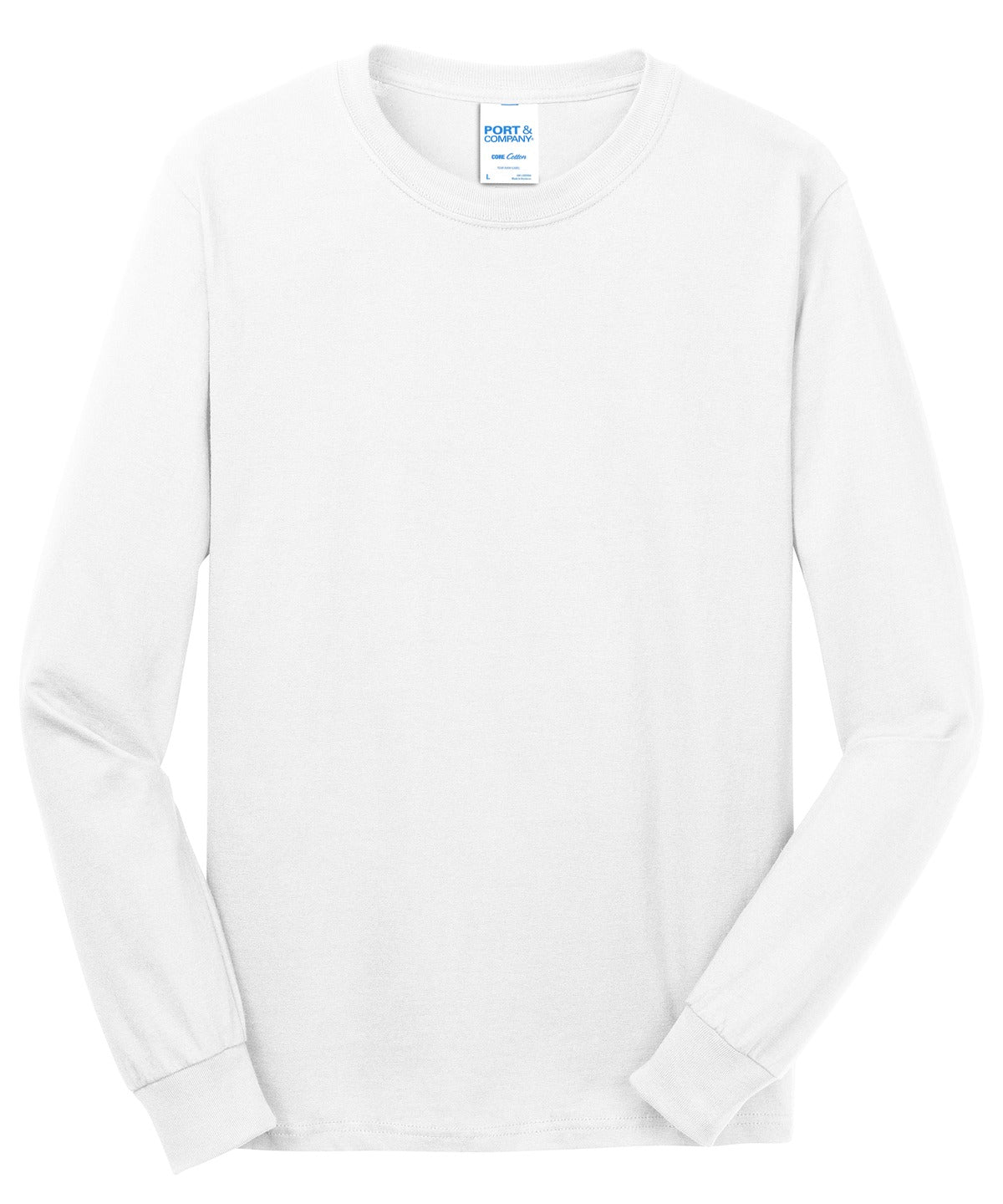 Front View of White Port & Co Long Sleeve Core Cotton Tee. PC54LS
