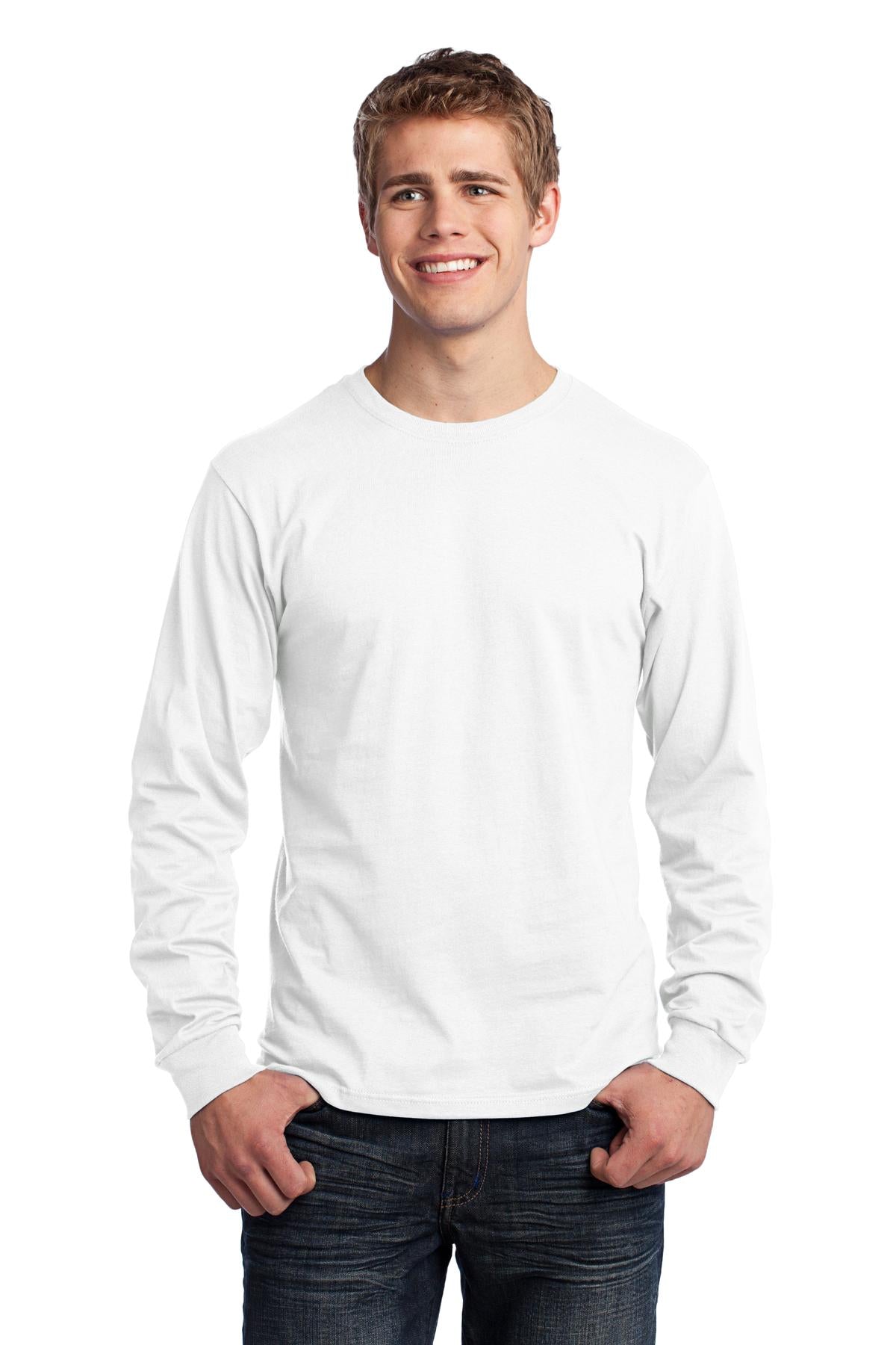 Front View of White Port & Co Long Sleeve Core Cotton Tee. PC54LS
