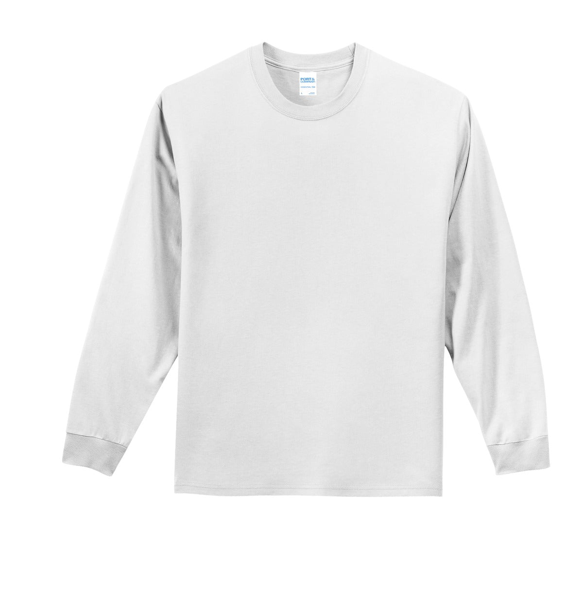 Front View of White Port & Co Long Sleeve Essential Tee. PC61LS