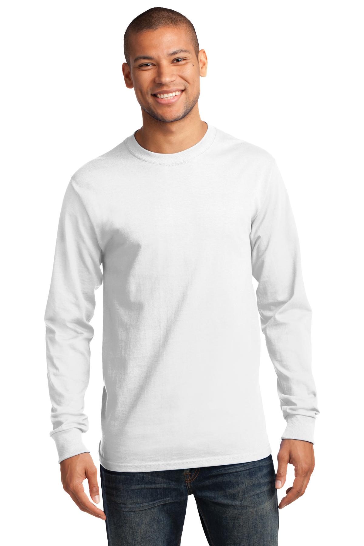 Front View of White Port & Co Long Sleeve Essential Tee. PC61LS