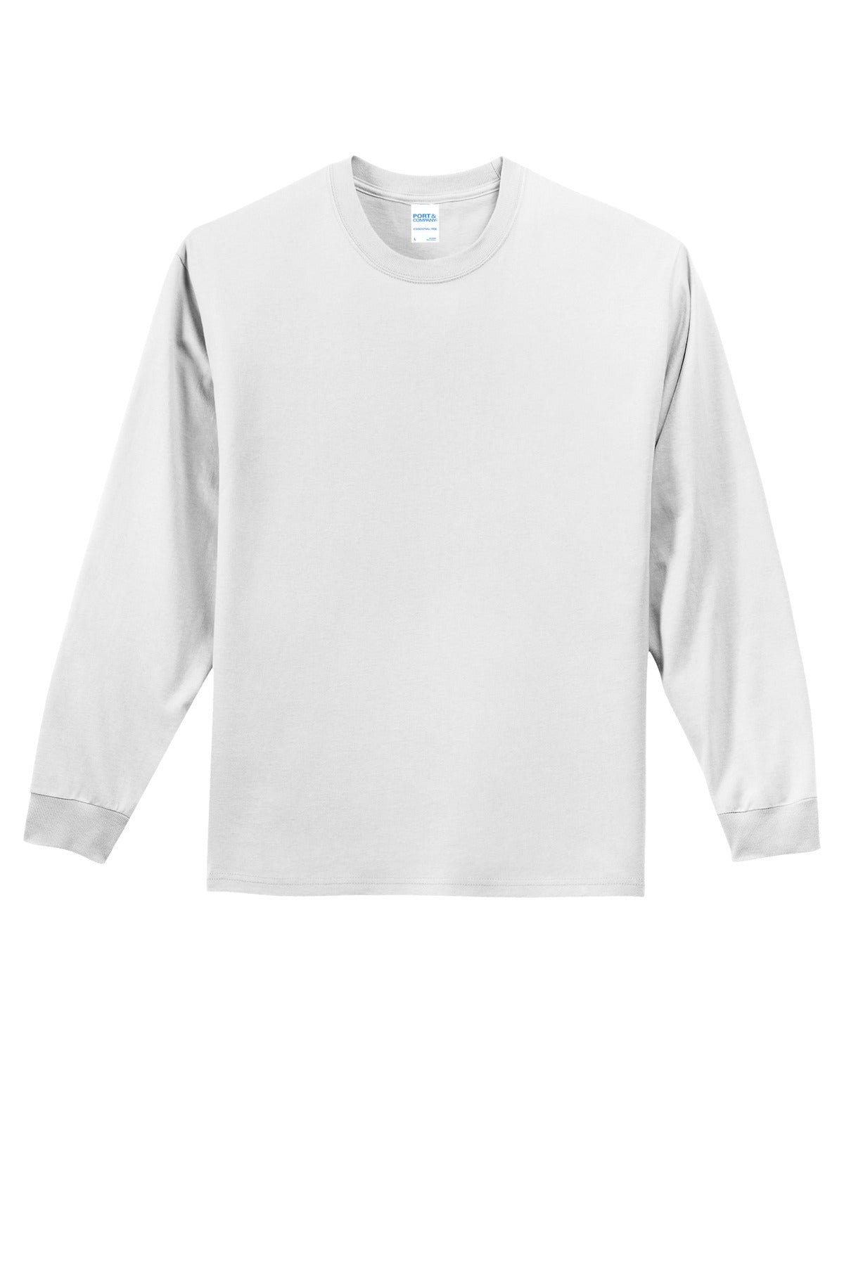Front View of White Port & Co Long Sleeve Essential Tee. PC61LS