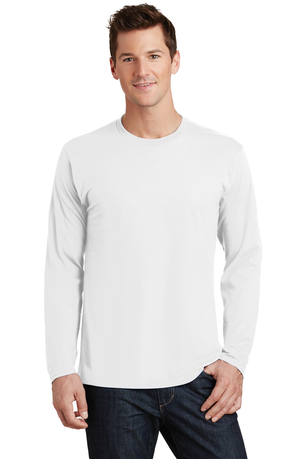 Front View of White Port & Co Long Sleeve Fan Favorite Tee. PC450LS