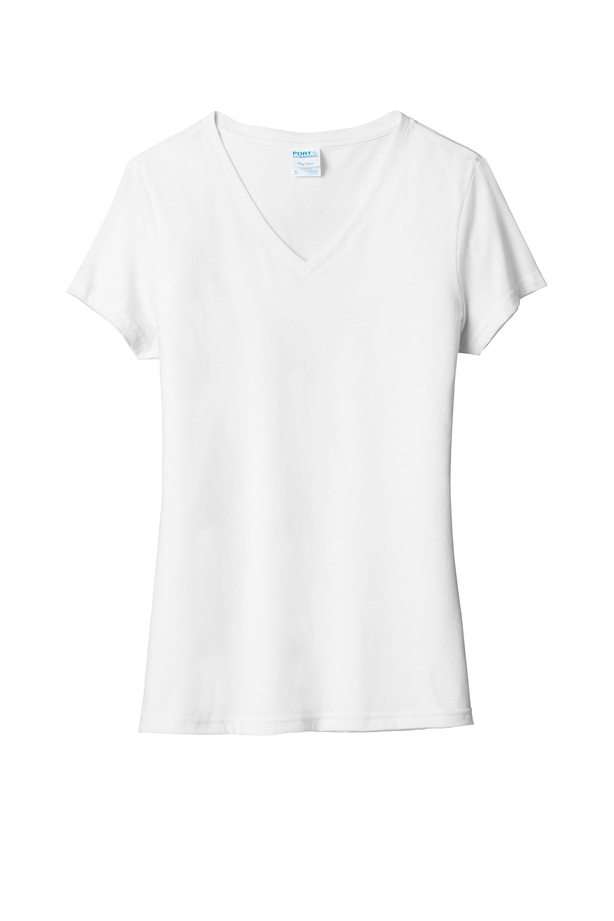 Front View of White Port & Co Women's Fan Favorite Blend V-Neck Tee. LPC455V
