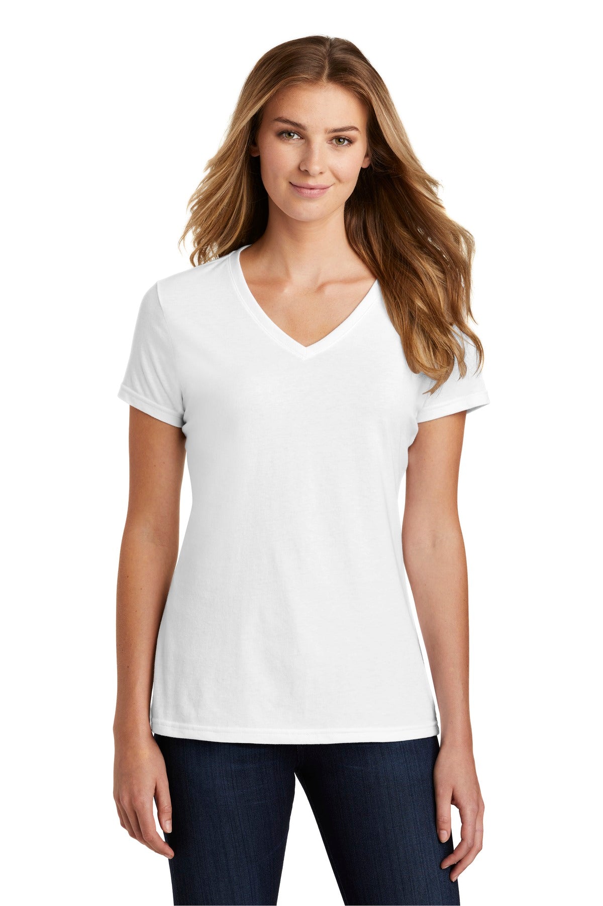 Front View of White Port & Co Women's Fan Favorite Blend V-Neck Tee. LPC455V