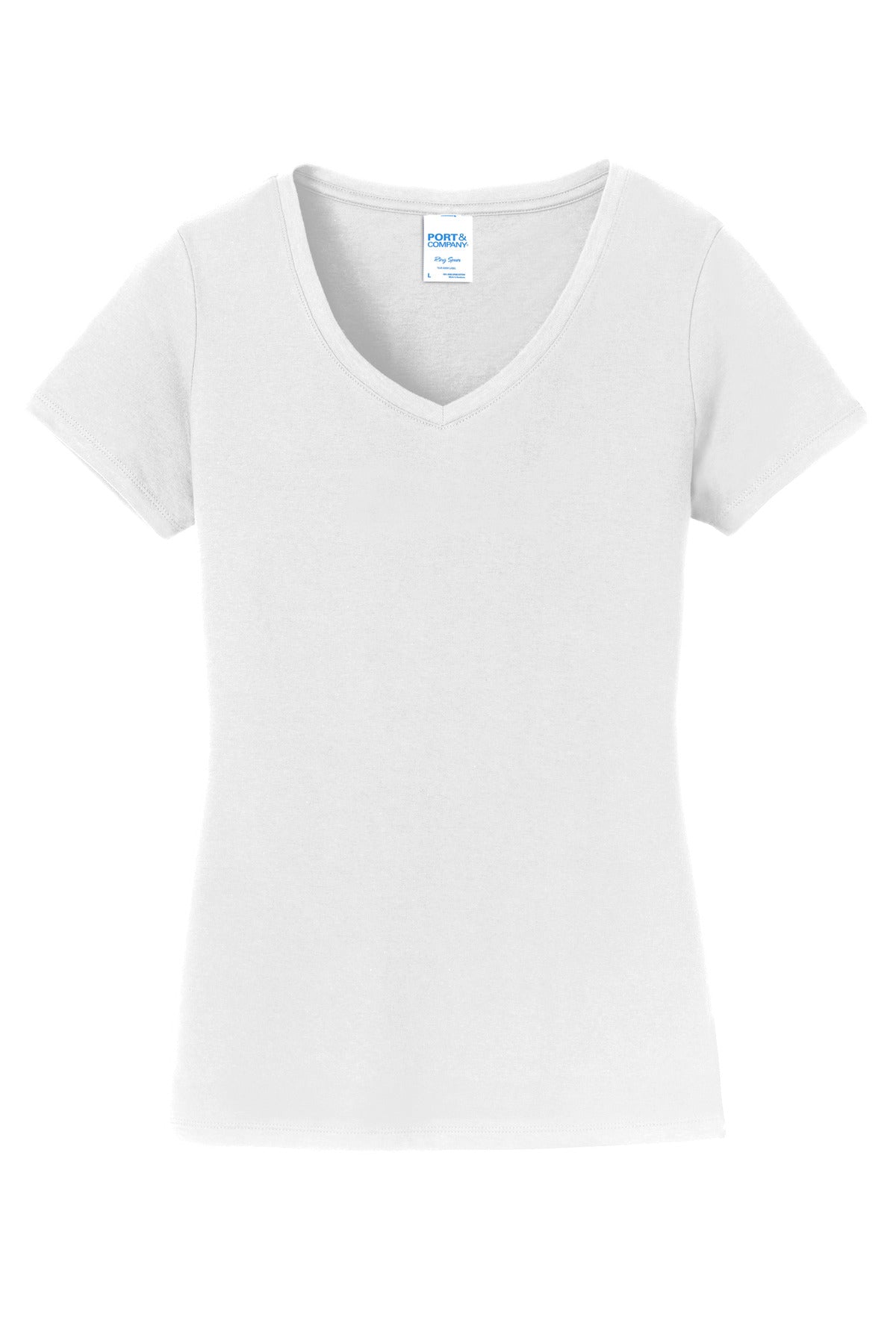 Front View of White Port & Co Women's Fan Favorite V-Neck Tee. LPC450V