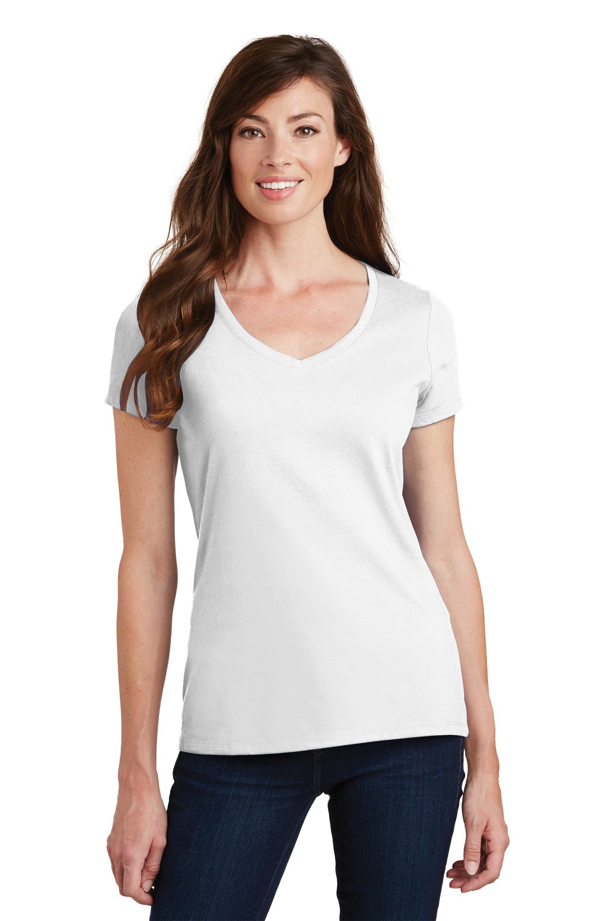 Front View of White Port & Co Women's Fan Favorite V-Neck Tee. LPC450V
