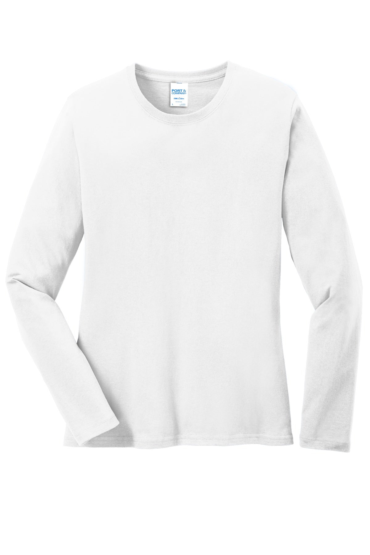 Front View of White Port & Co Women's Long Sleeve Core Cotton Tee. LPC54LS