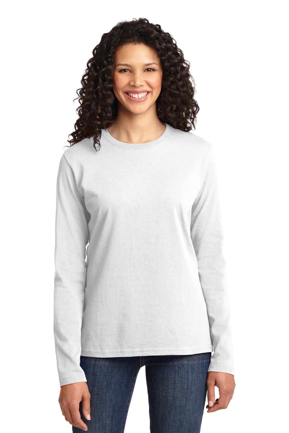 Front View of White Port & Co Women's Long Sleeve Core Cotton Tee. LPC54LS
