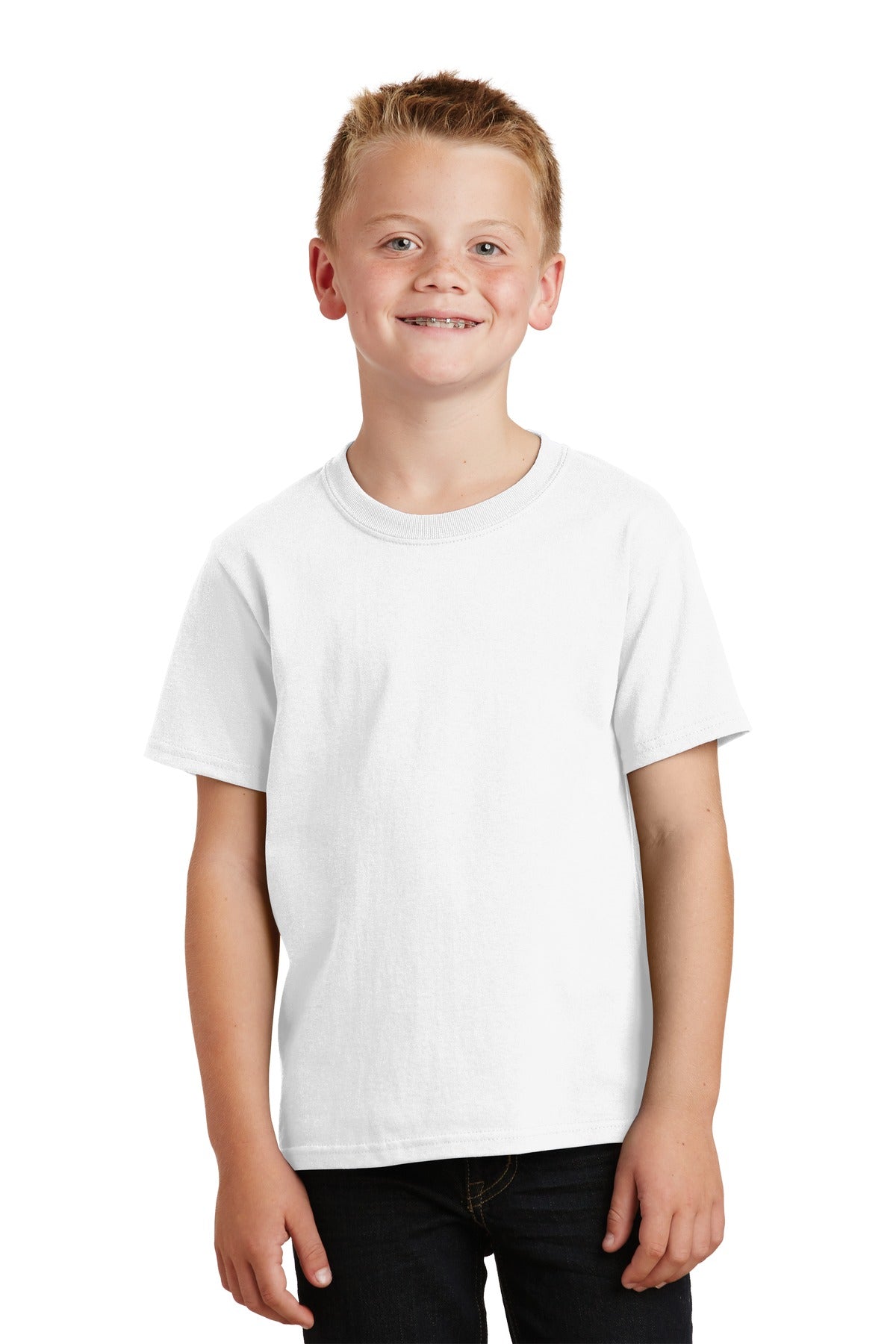 Front View of White Port & Co Youth Core Cotton Tee. PC54Y