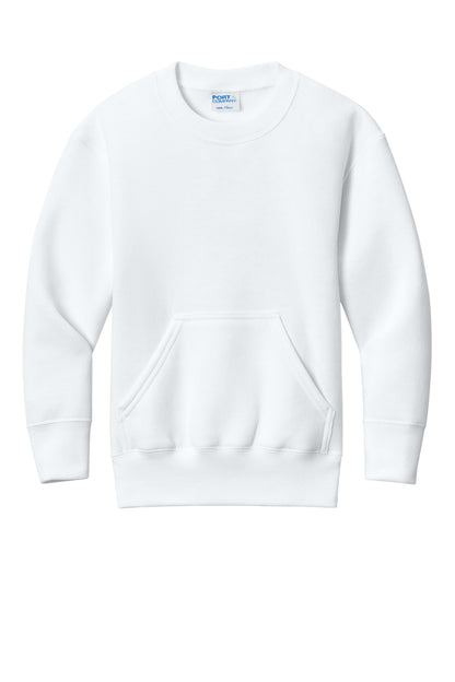 Front View of White Port & Co Youth Core Fleece Crewneck Pocket Sweatshirt PC78YPKT