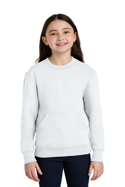 Front View of White Port & Co Youth Core Fleece Crewneck Pocket Sweatshirt PC78YPKT