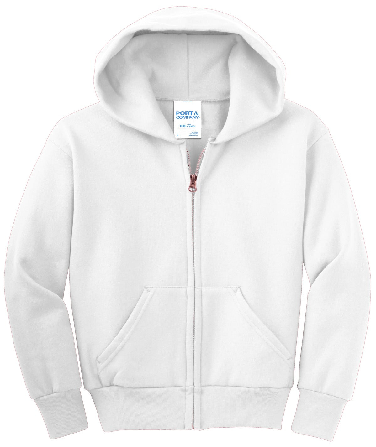 Front View of White Port & Co Youth Core Fleece Full-Zip Hooded Sweatshirt. PC90YZH
