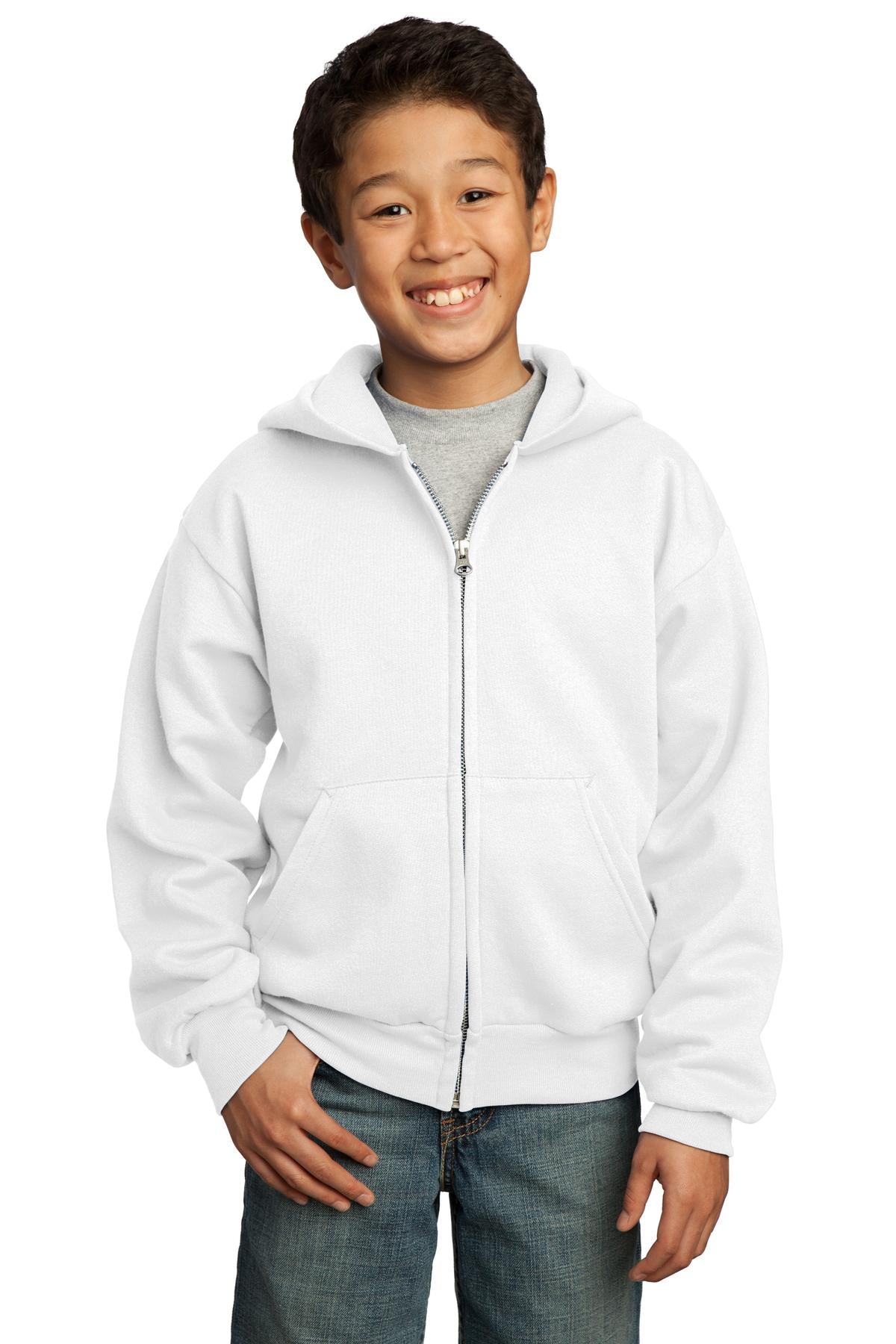 Front View of White Port & Co Youth Core Fleece Full-Zip Hooded Sweatshirt. PC90YZH