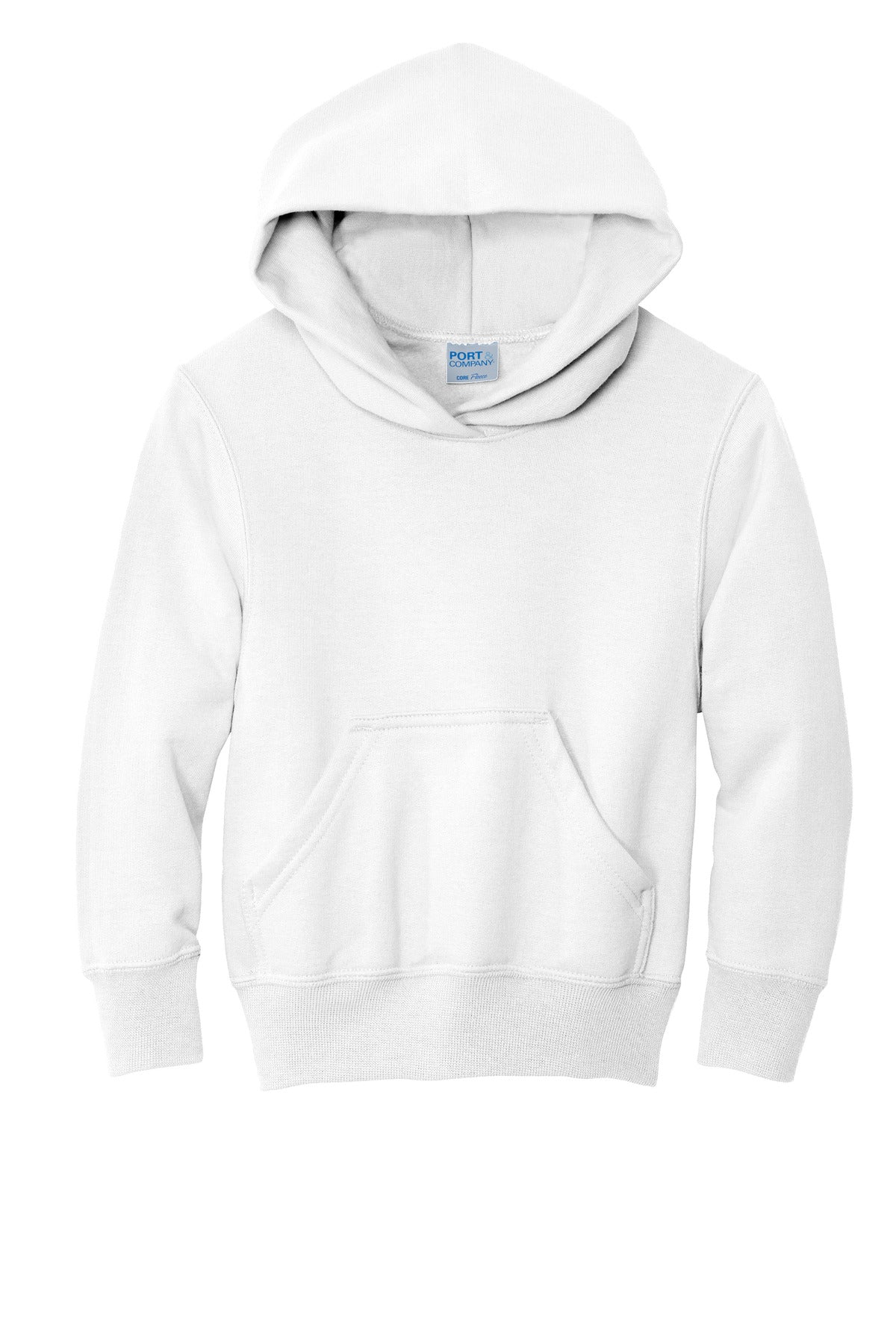 Front View of White Port & Co Youth Core Fleece Pullover Hooded Sweatshirt. PC90YH