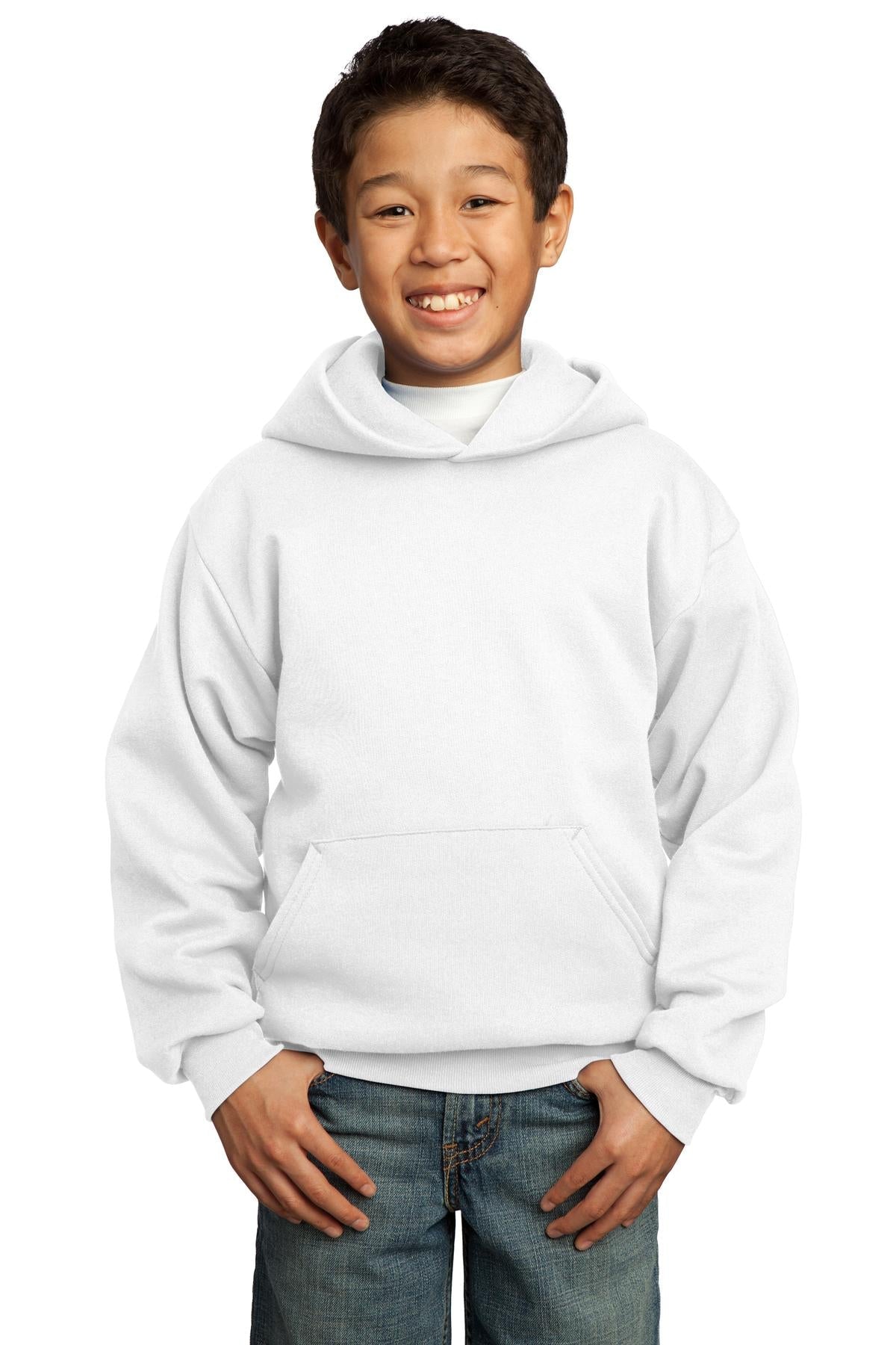 Front View of White Port & Co Youth Core Fleece Pullover Hooded Sweatshirt. PC90YH