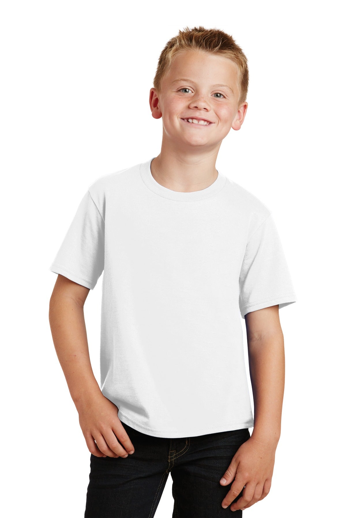 Front View of White Port & Co Youth Fan Favorite Tee. PC450Y