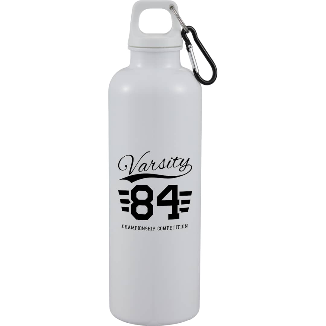 Front View of White Race 25oz  Recycled Bottle with Carabiner