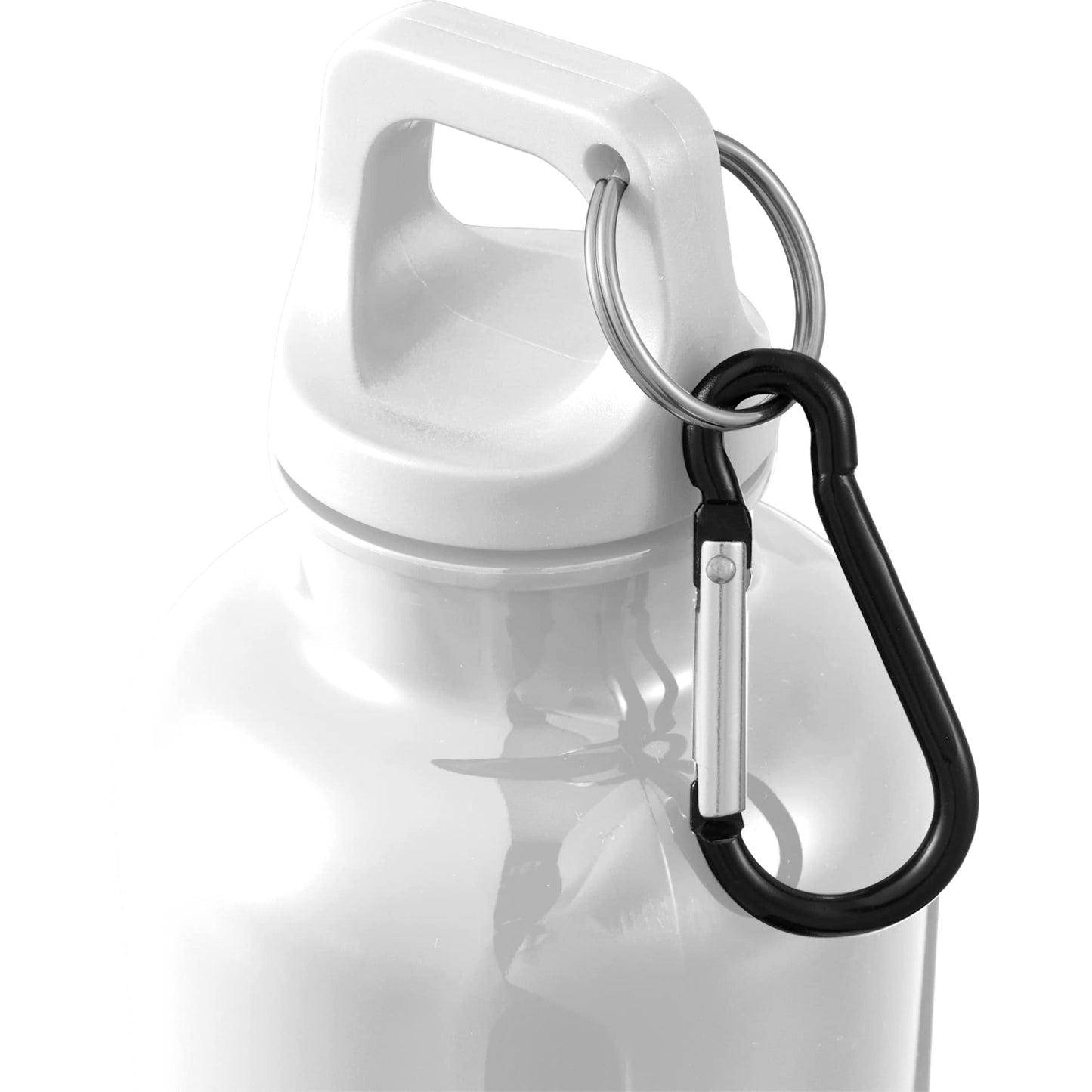 Front View of White Race 25oz  Recycled Bottle with Carabiner