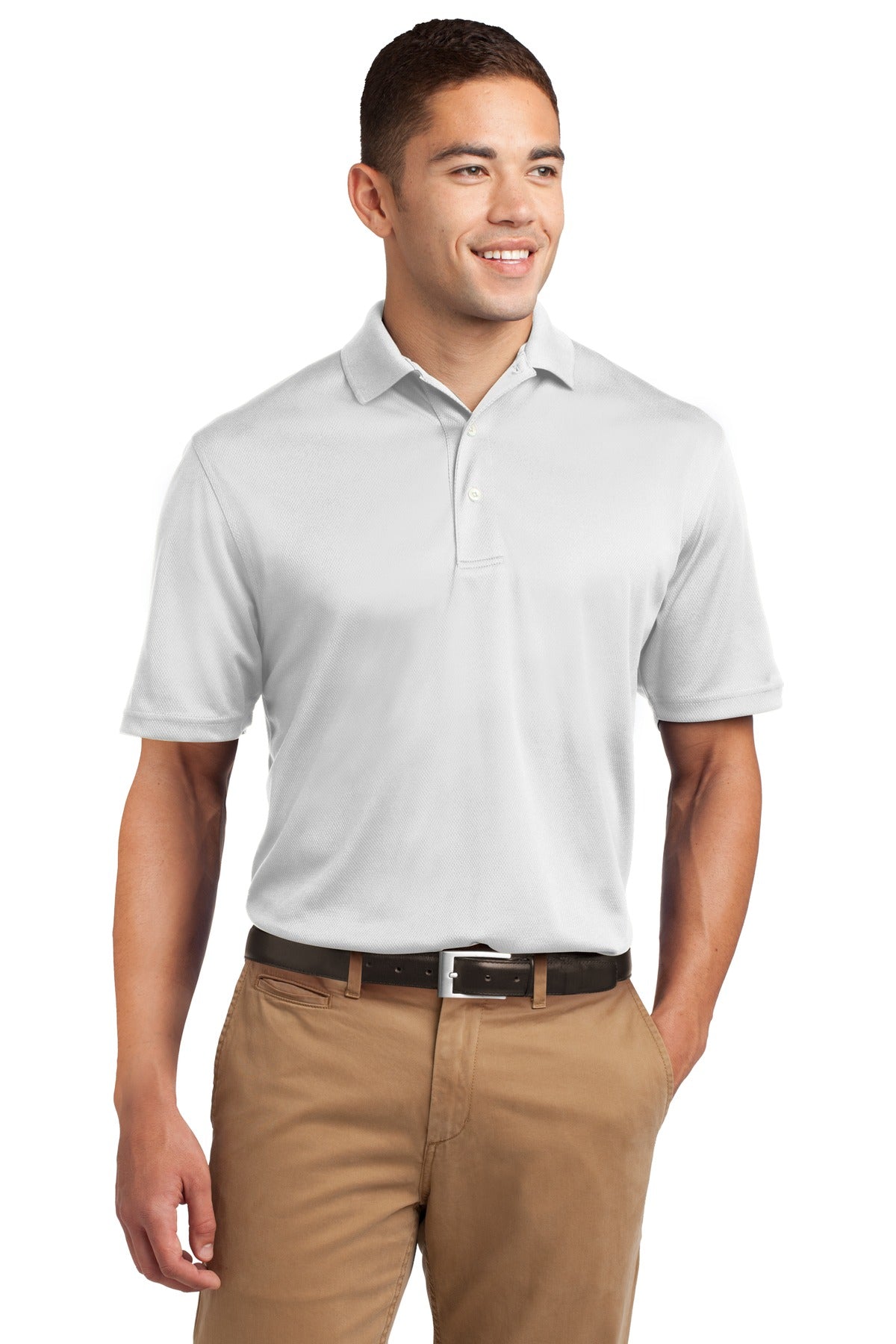 Front View of White Sport-Tek Dri-Mesh Polo. K469