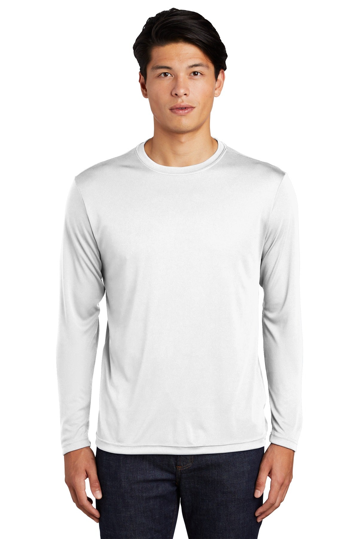 Front View of White Sport-Tek Long Sleeve PosiCharge Competitor Tee. ST350LS