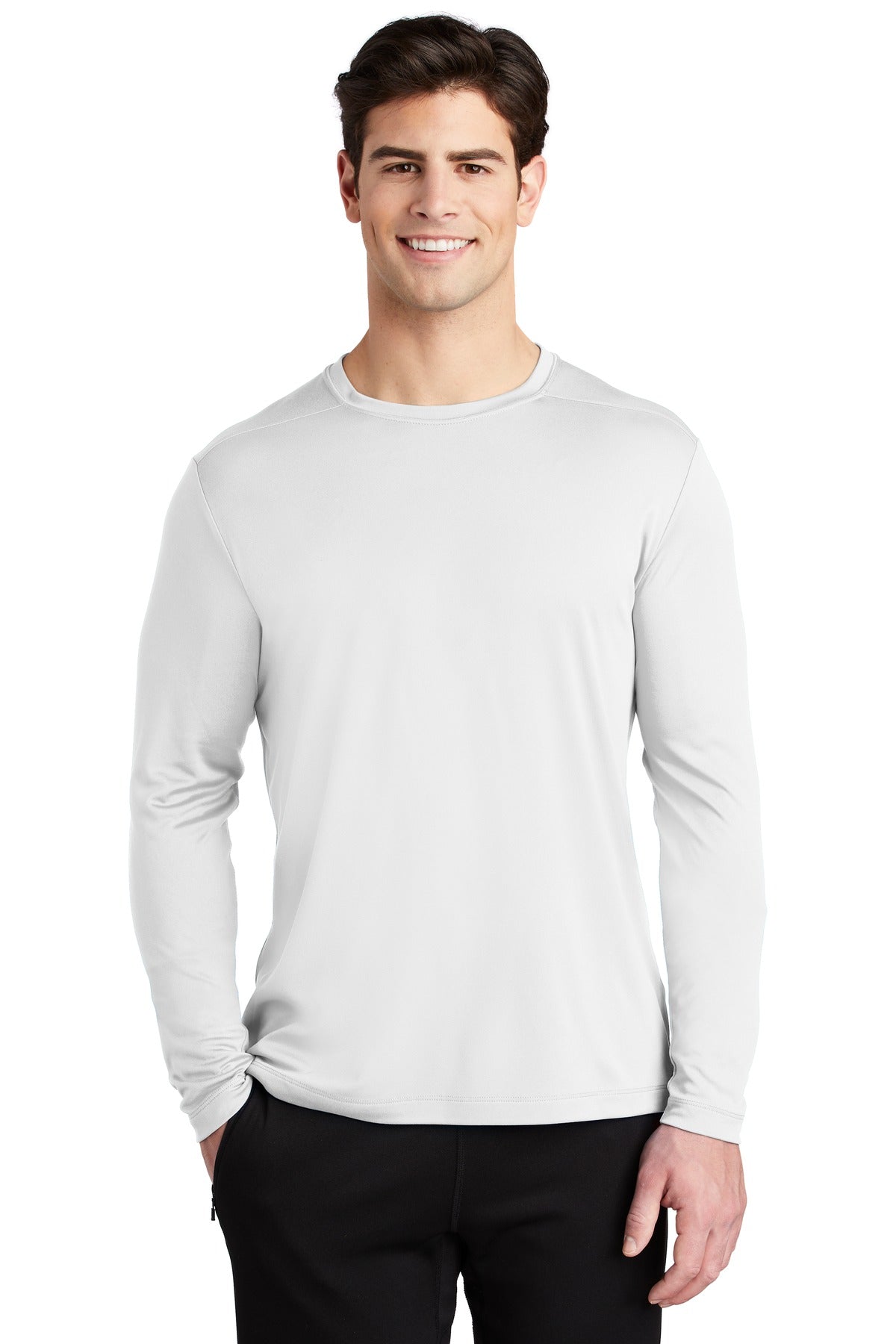 Front View of White Sport-Tek Posi-UV Pro Long Sleeve Tee. ST420LS