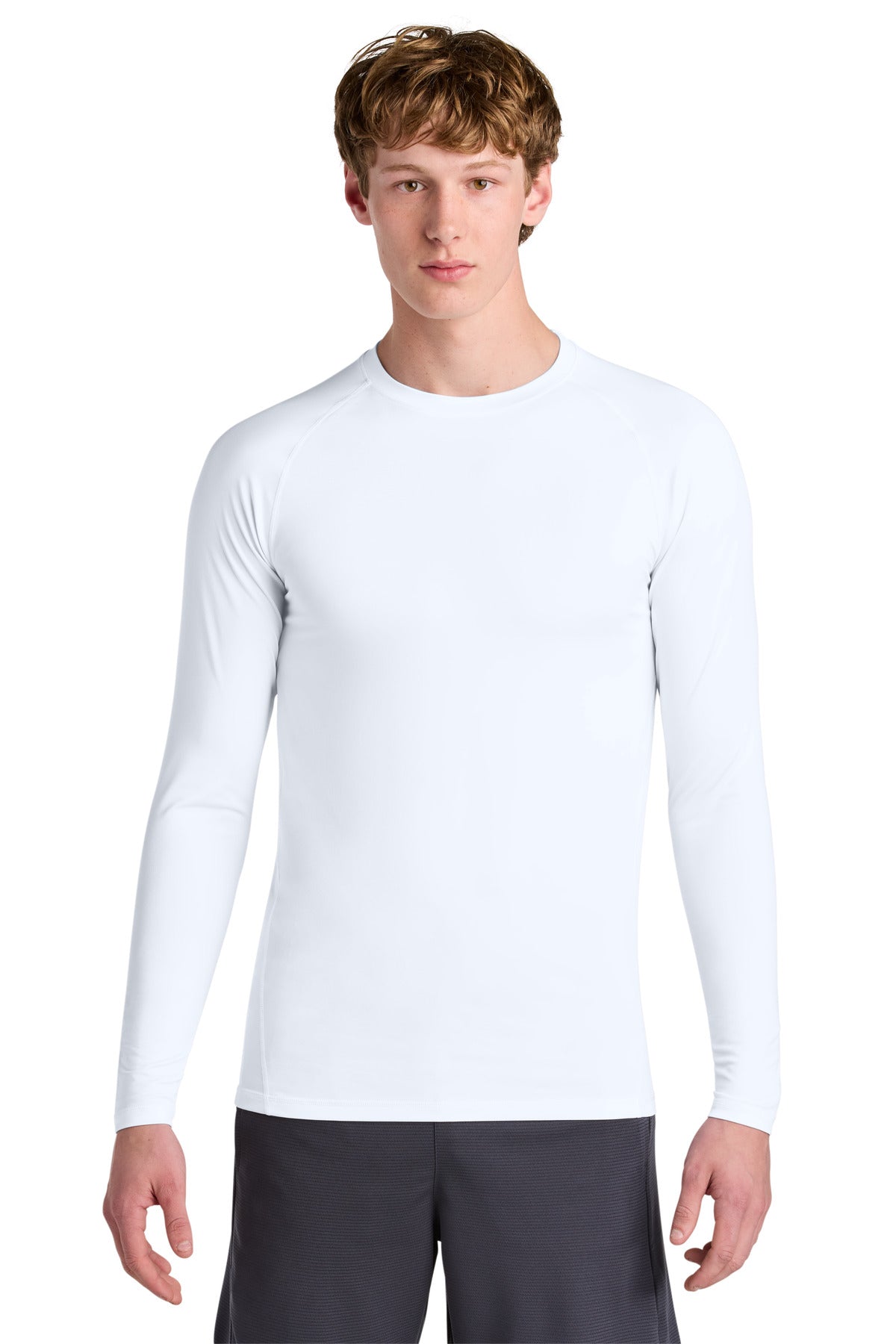 Front View of White Sport-Tek PosiCharge Compression Long Sleeve Tee ST120LS
