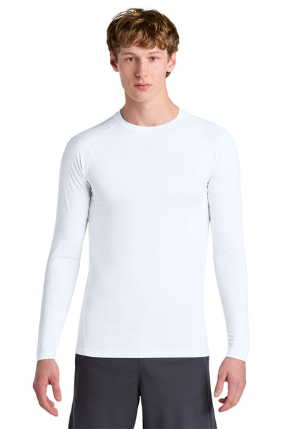 Front View of White Sport-Tek PosiCharge Compression Long Sleeve Tee ST120LS
