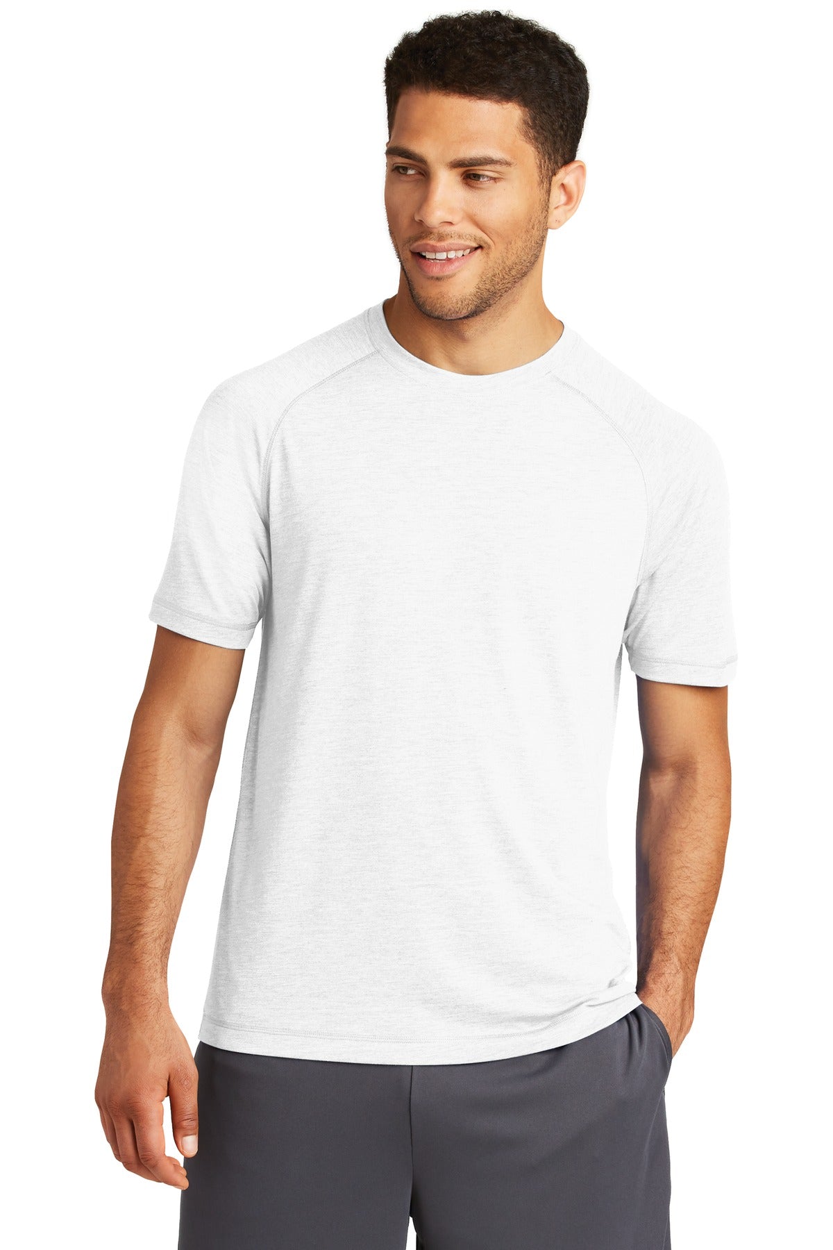 Front View of White Sport-Tek PosiCharge Tri-Blend Wicking Raglan Tee. ST400
