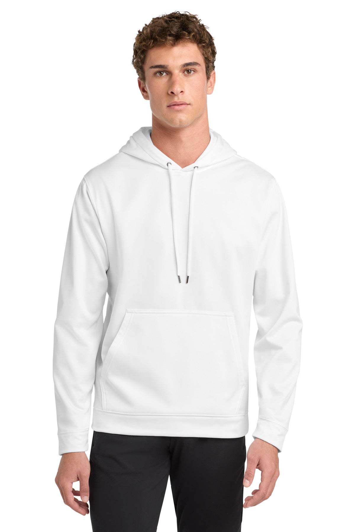 Front View of White Sport-Tek Sport-Wick Fleece Hooded Pullover. F244