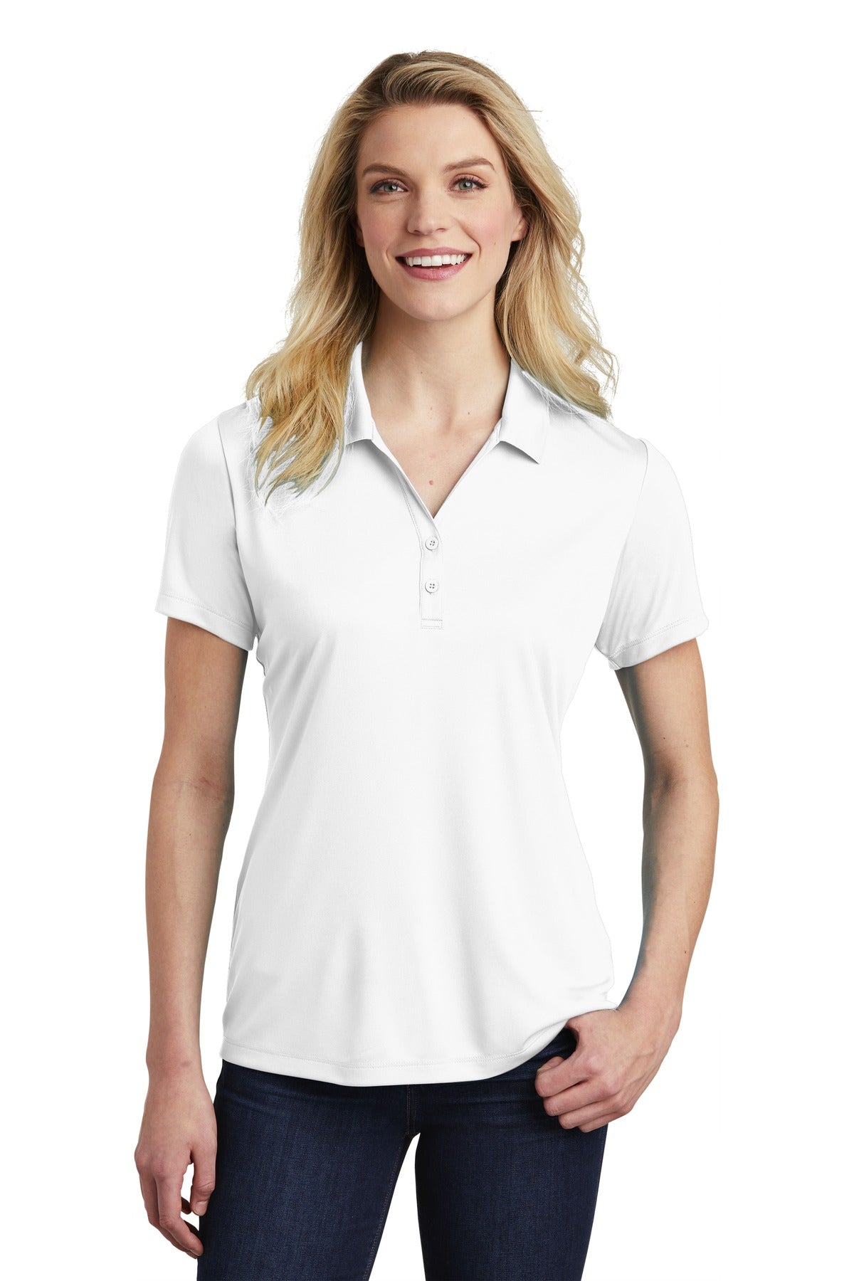 Front View of White Sport-Tek Women's PosiCharge Competitor Polo. LST550