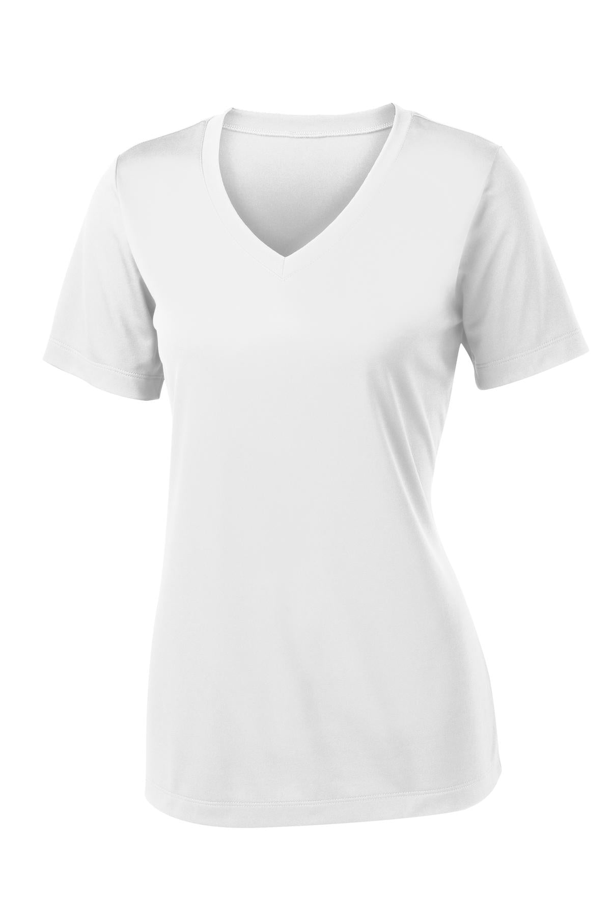 Front View of White Sport-Tek Women's PosiCharge Competitor V-Neck Tee. LST353