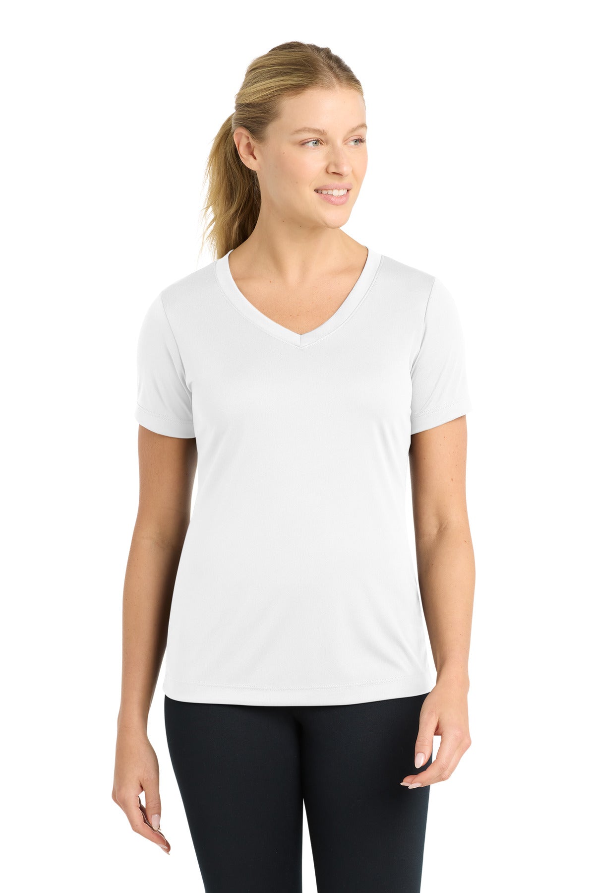 Front View of White Sport-Tek Women's PosiCharge Competitor V-Neck Tee. LST353