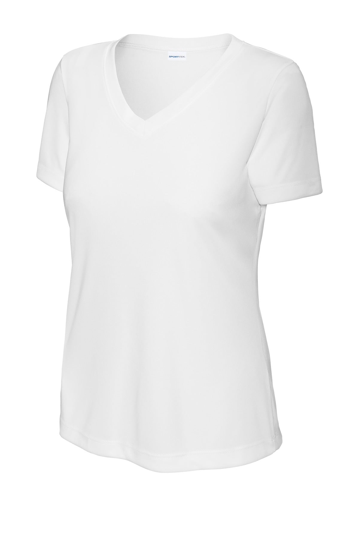 Front View of White Sport-Tek Women's PosiCharge Competitor V-Neck Tee. LST353