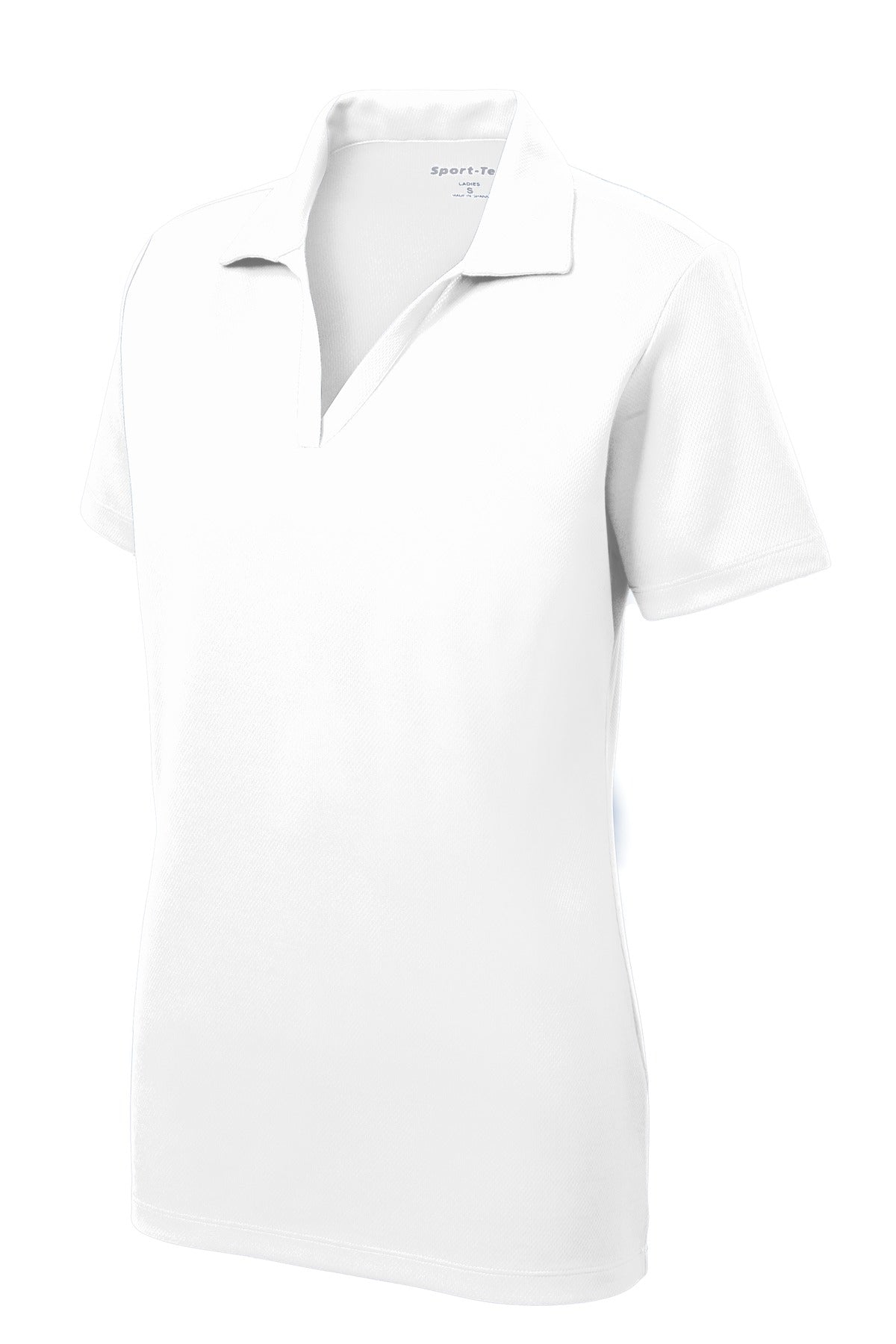 Front View of White Sport-Tek Women's PosiCharge RacerMesh Polo. LST640