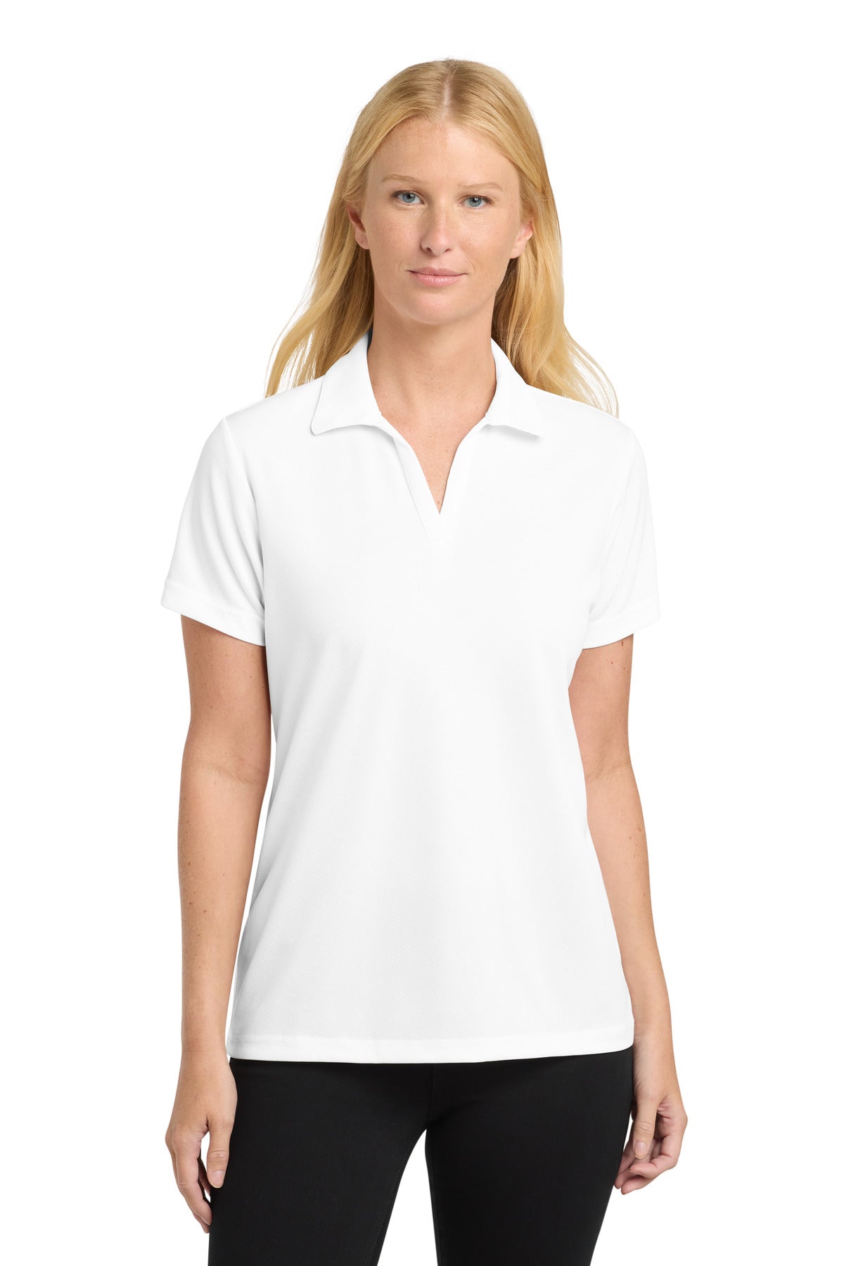 Front View of White Sport-Tek Women's PosiCharge RacerMesh Polo. LST640
