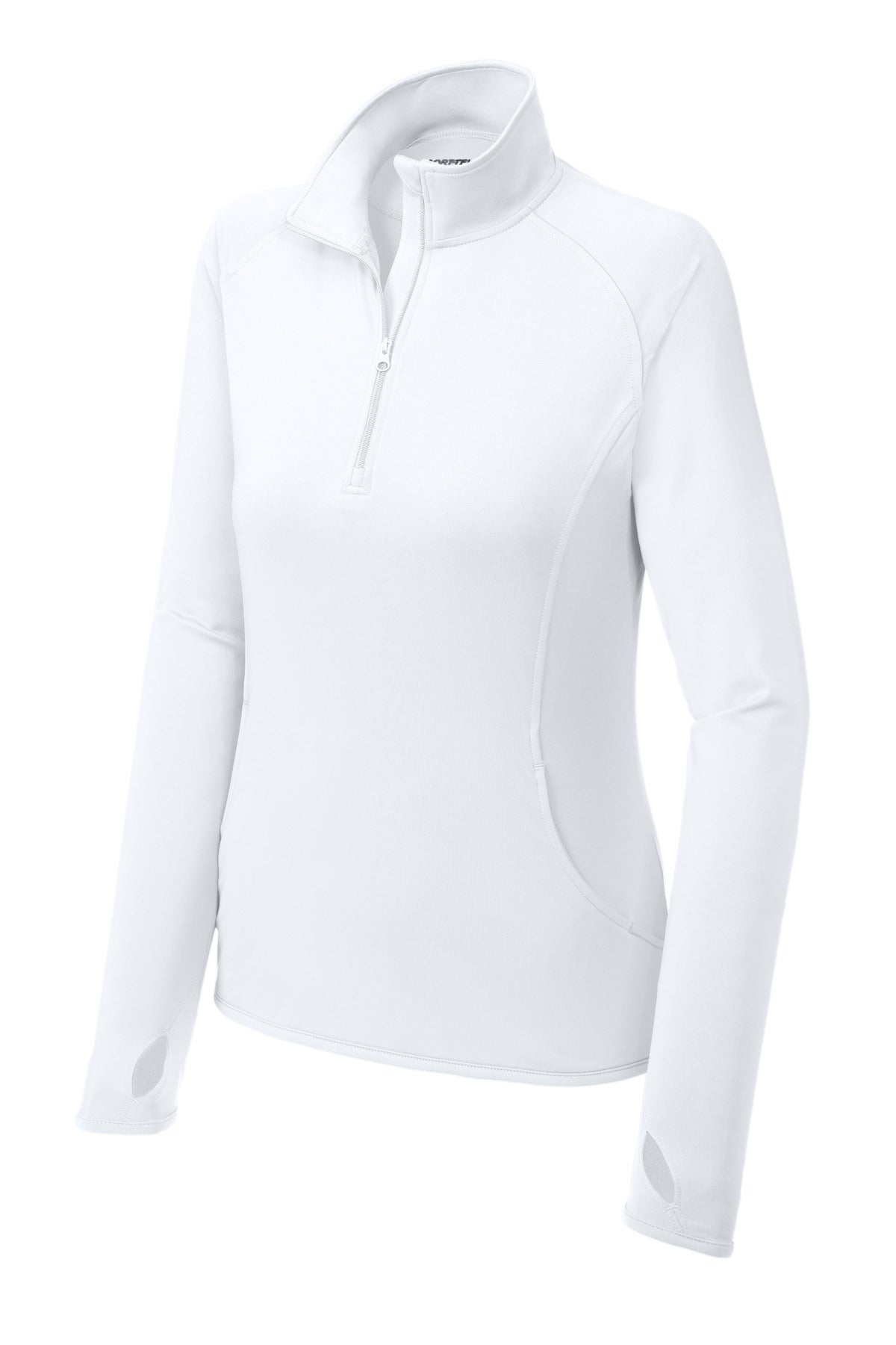 Front View of White Sport-Tek Women's Sport-Wick Stretch 1/4-Zip Pullover. LST850
