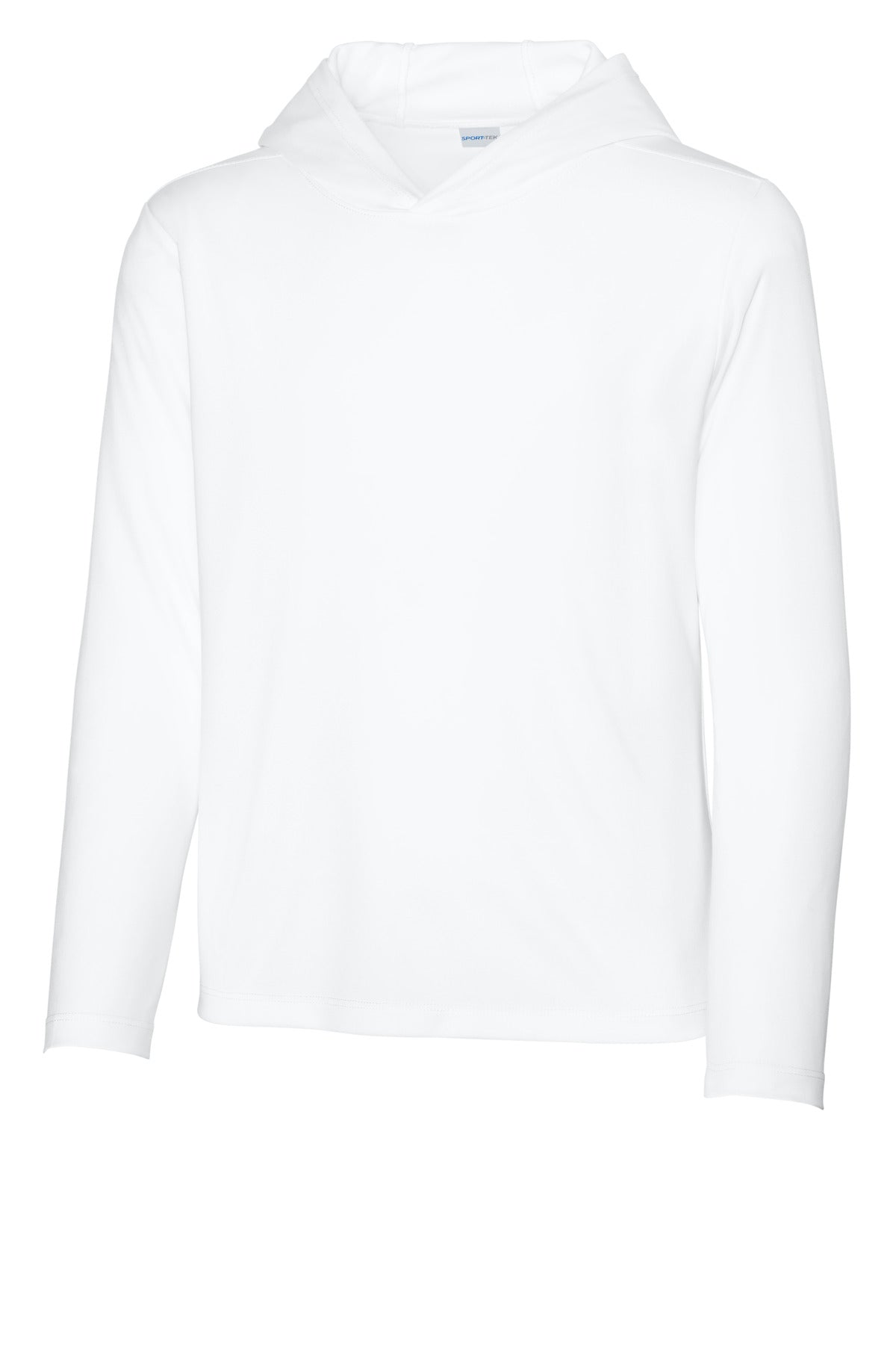 Front View of White Sport-Tek Youth Posi-UV Pro Long Sleeve Hoodie YST420LSH