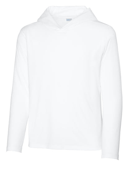 Front View of White Sport-Tek Youth Posi-UV Pro Long Sleeve Hoodie YST420LSH