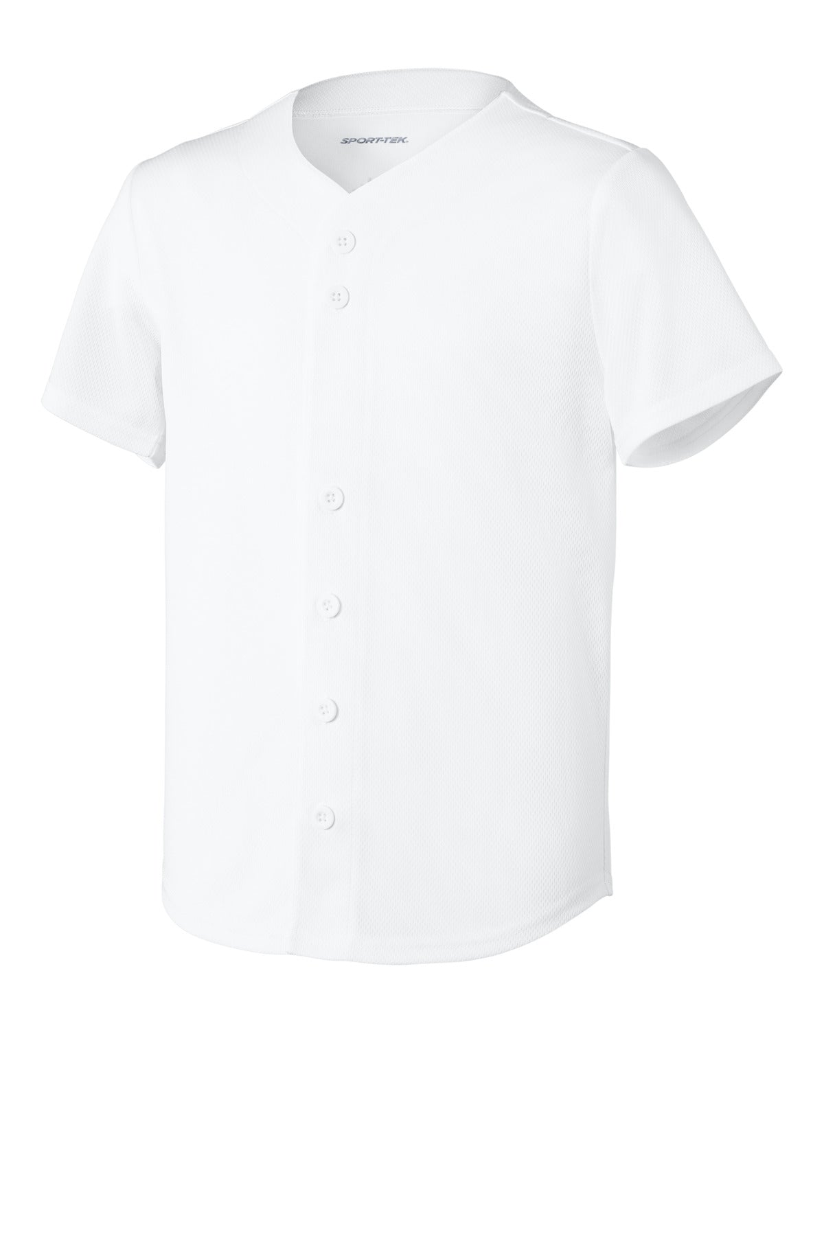 Front View of White Sport-Tek Youth PosiCharge Tough Mesh Full-Button Jersey YST220