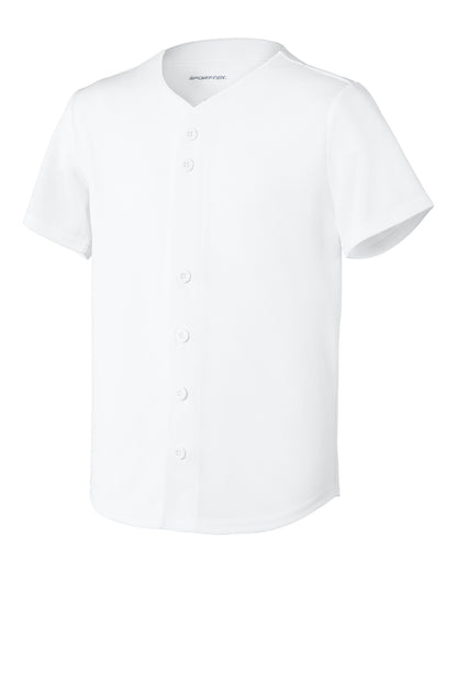 Front View of White Sport-Tek Youth PosiCharge Tough Mesh Full-Button Jersey YST220