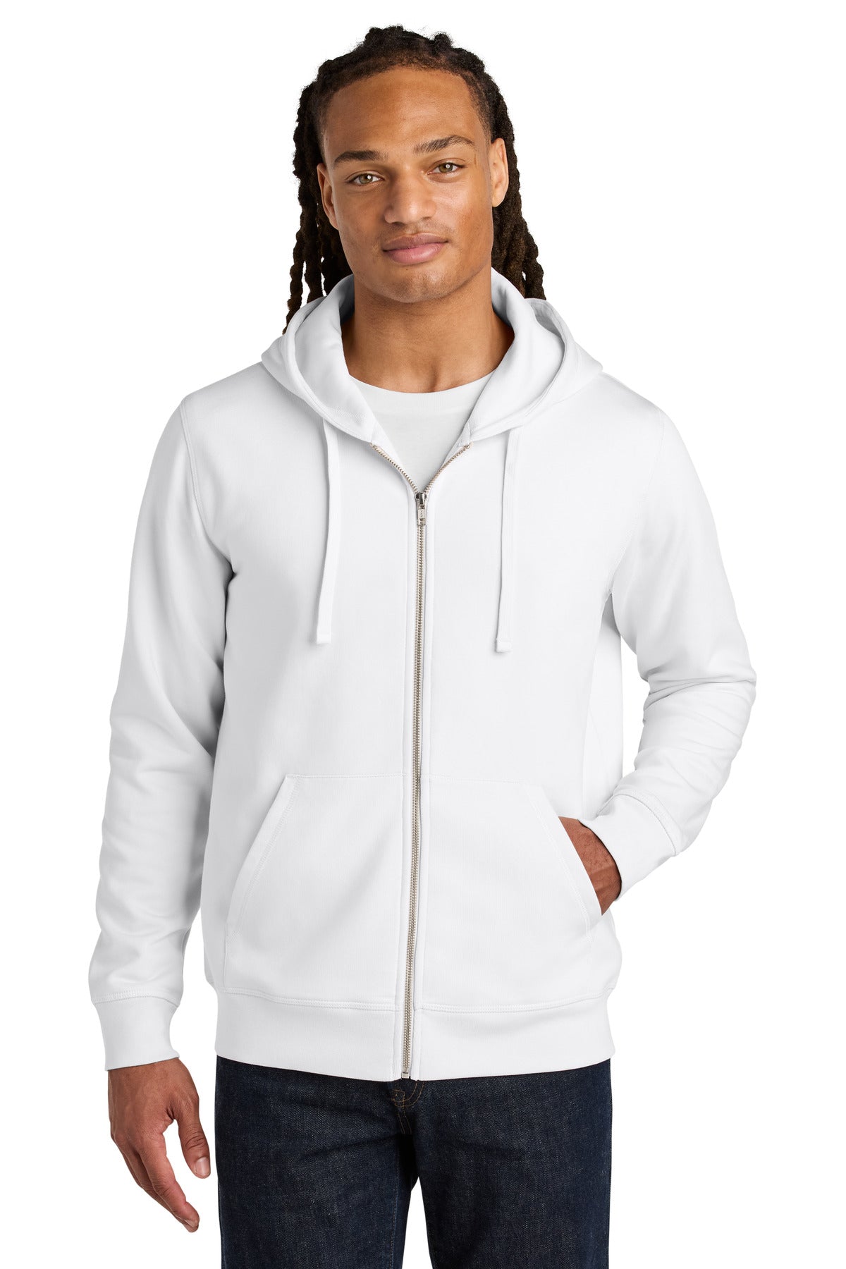 Front View of White Stanley/Stella Unisex Mixer Full-Zip Hooded Sweatshirt SXU011