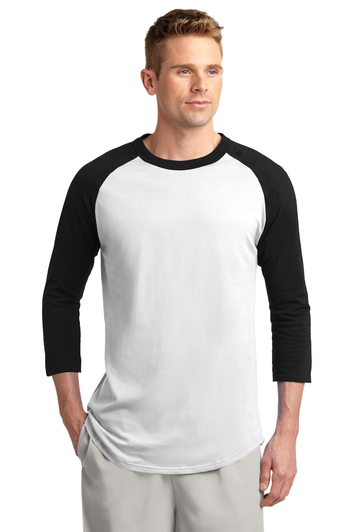 Front View of White/Black Sport-Tek Colorblock Raglan Jersey. T200