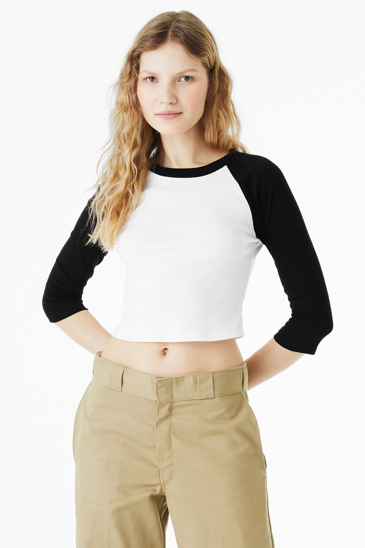 Front View of White/Blk BELLA+CANVAS Women's Micro Rib 3/4 Raglan Baby Tee BC1200
