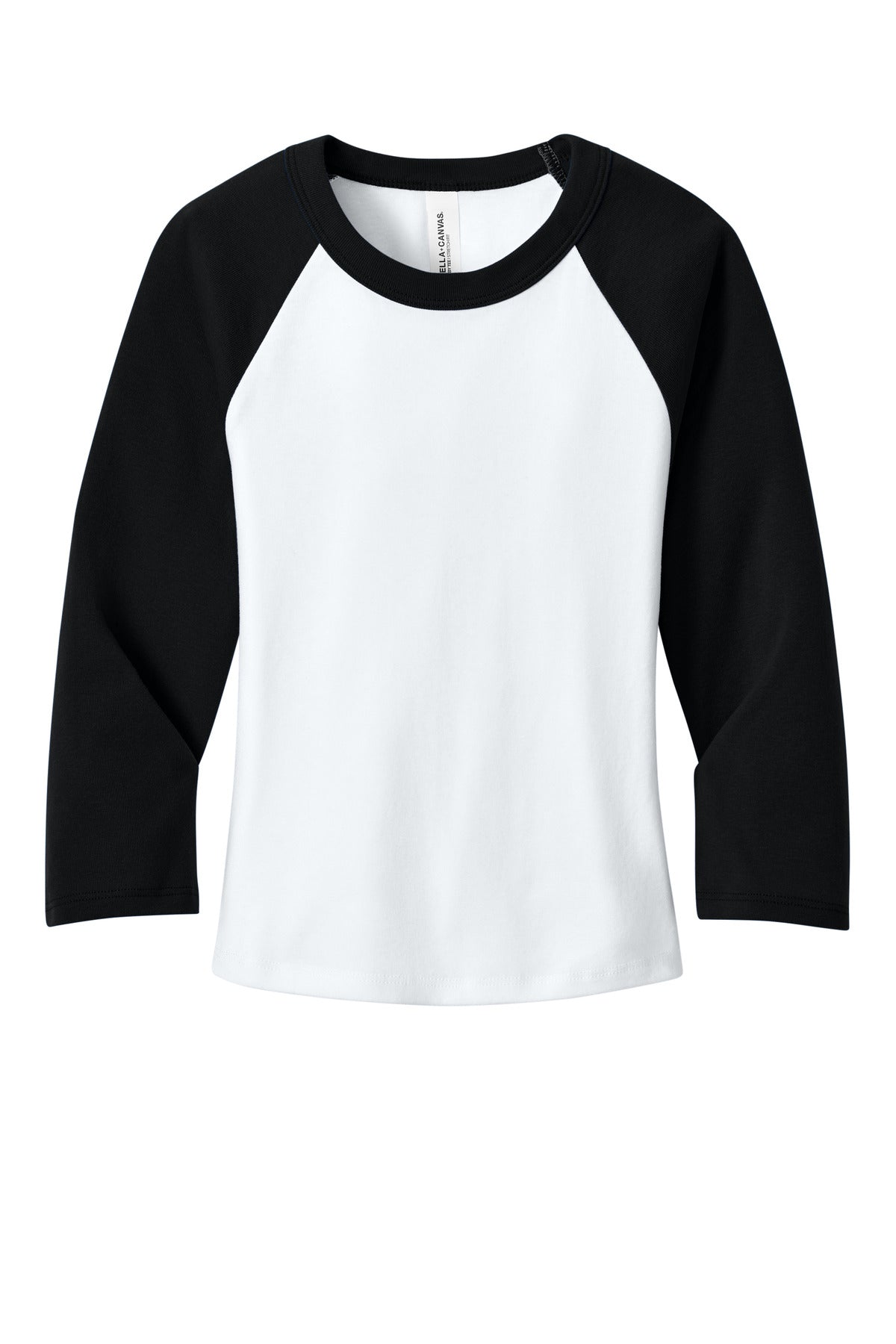 Front View of White/Blk BELLA+CANVAS Women's Micro Rib 3/4 Raglan Baby Tee BC1200