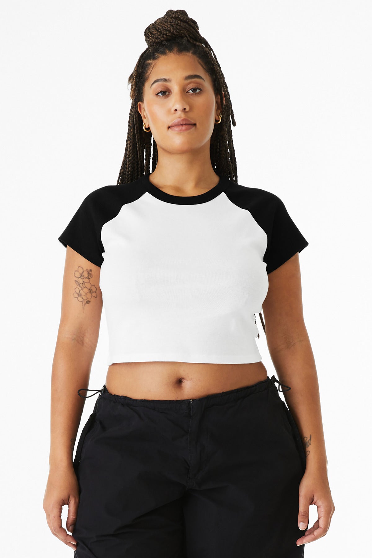 Front View of White/Blk BELLA+CANVAS Women's Micro Rib Raglan Baby Tee BC1201