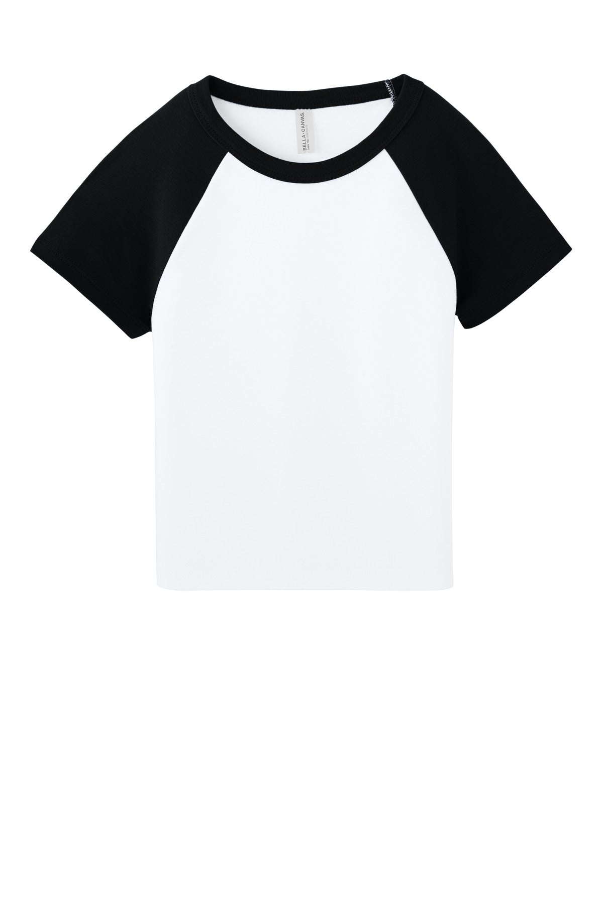 Front View of White/Blk BELLA+CANVAS Women's Micro Rib Raglan Baby Tee BC1201