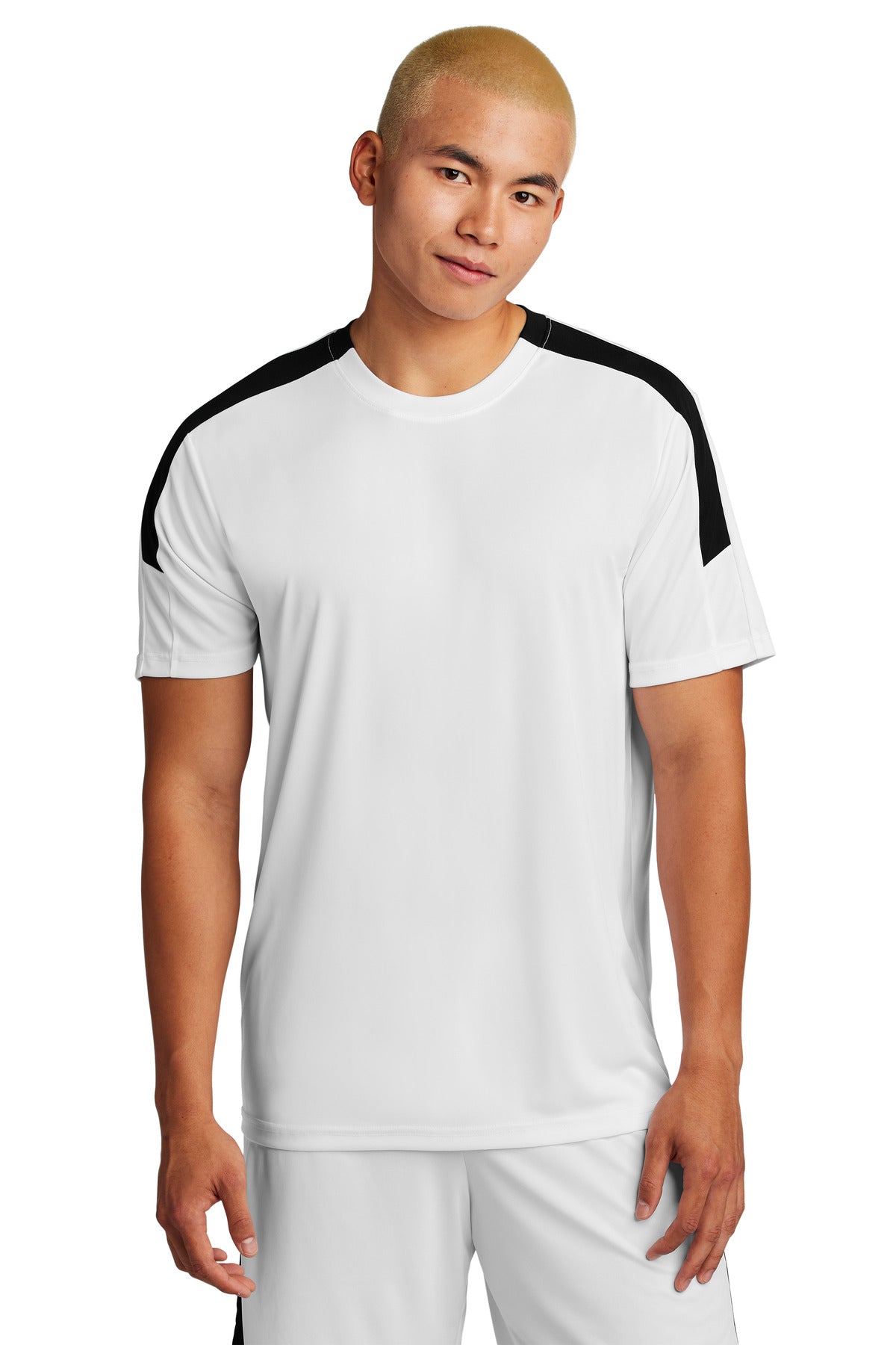 Front View of White/Blk Sport-Tek Competitor United Crew ST100