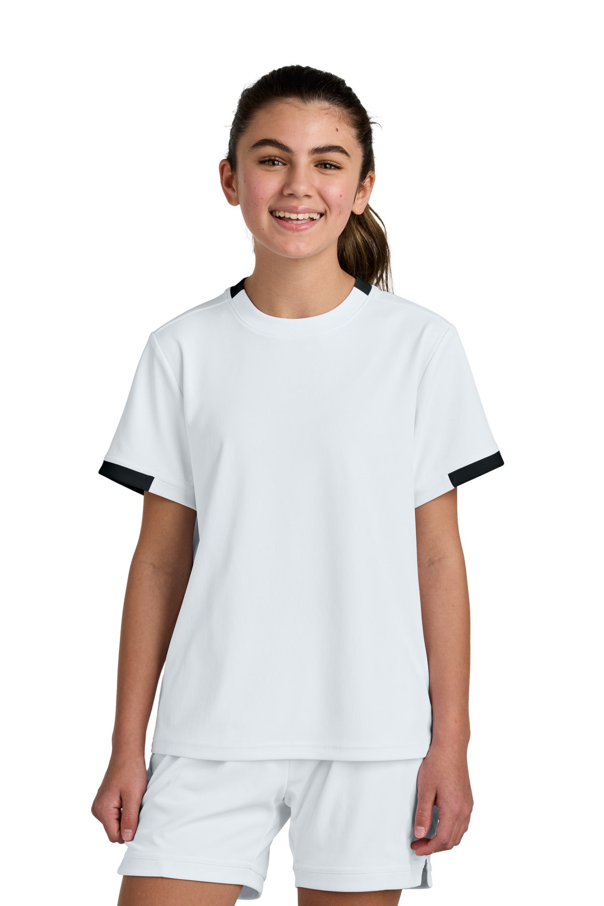 Front View of White/Blk Sport-Tek Youth Club Short Sleeve Crew YST440