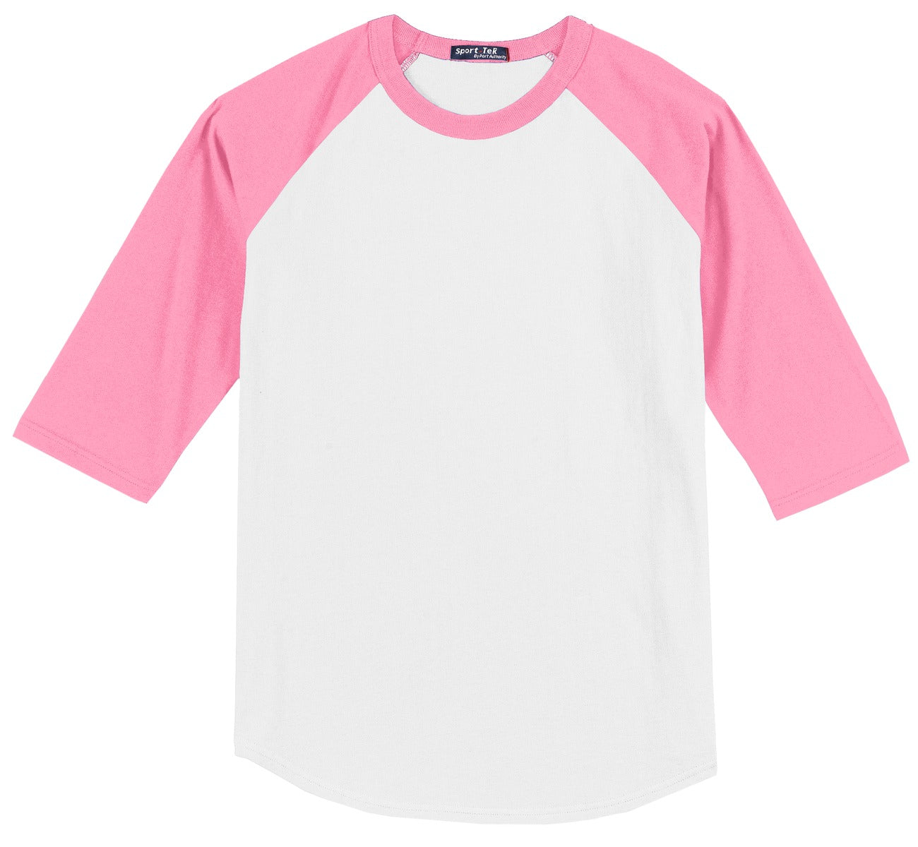 Front View of White/Brt Pink Sport-Tek Colorblock Raglan Jersey. T200